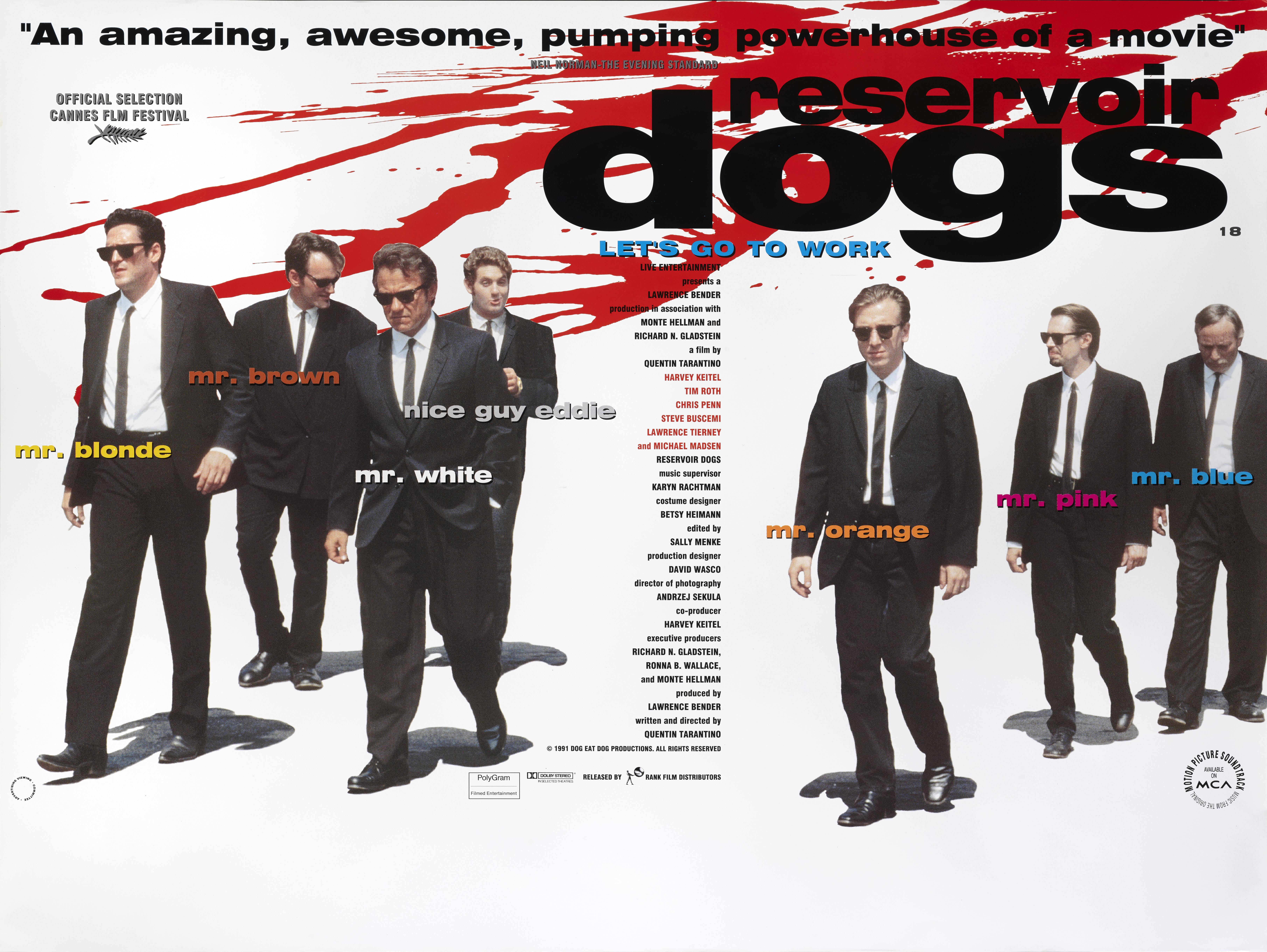 Original British film poster for Quentin Tarantino's first film Reservoir Dogs 1992 .
The film starred Harvey Keitel, Tim Roth, Michael Madsen and Chris Penn and has become a true cult classic.
This poster is unfolded and double-sided and it would