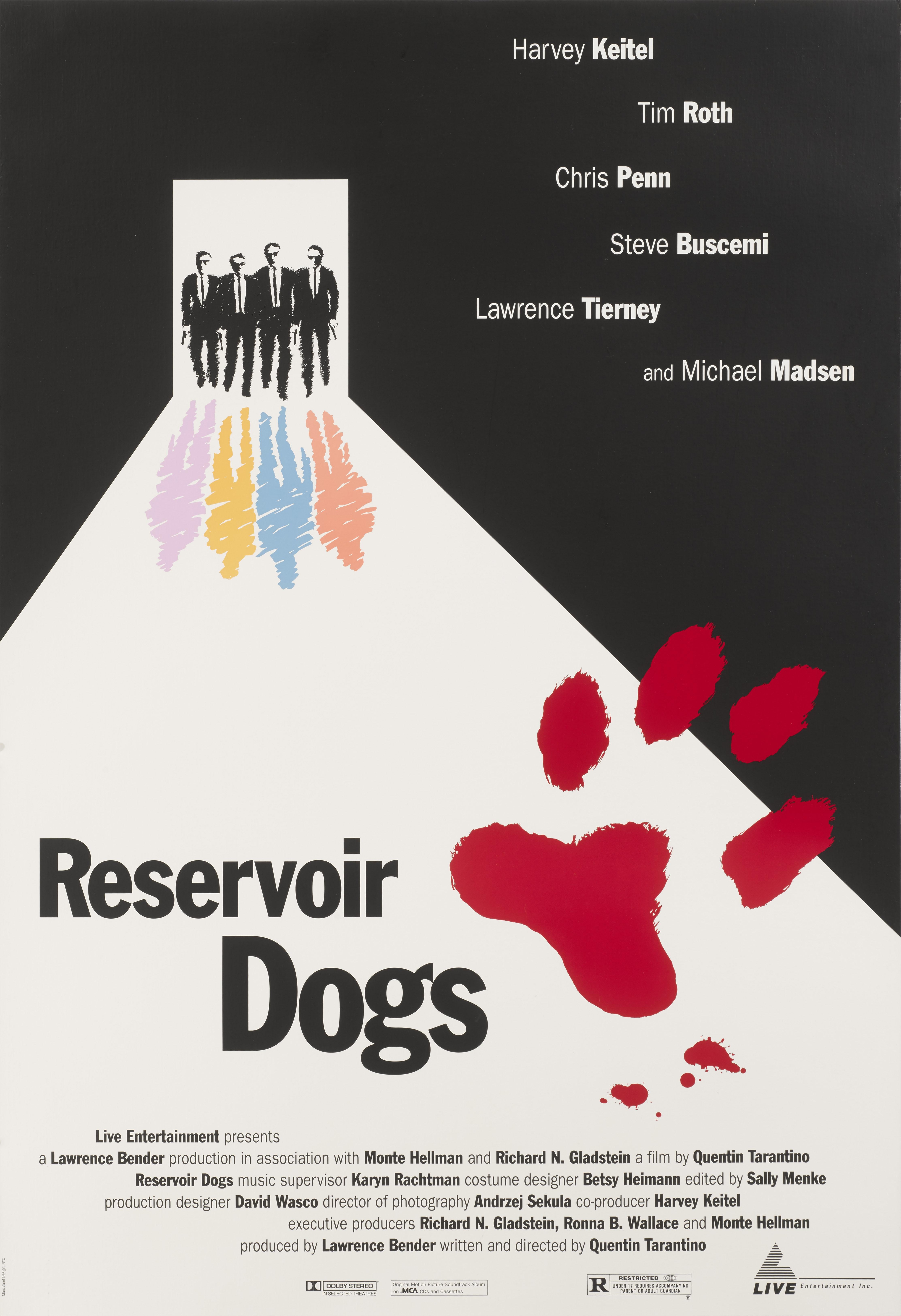 Original US film poster for Quentin Tarantino's fist film Reservoir Dogs. This poster was designed for use at the Cannes Film Festival in 1992. 
The artwork was only used for the Cannes Film Festival and is very different to the regular US