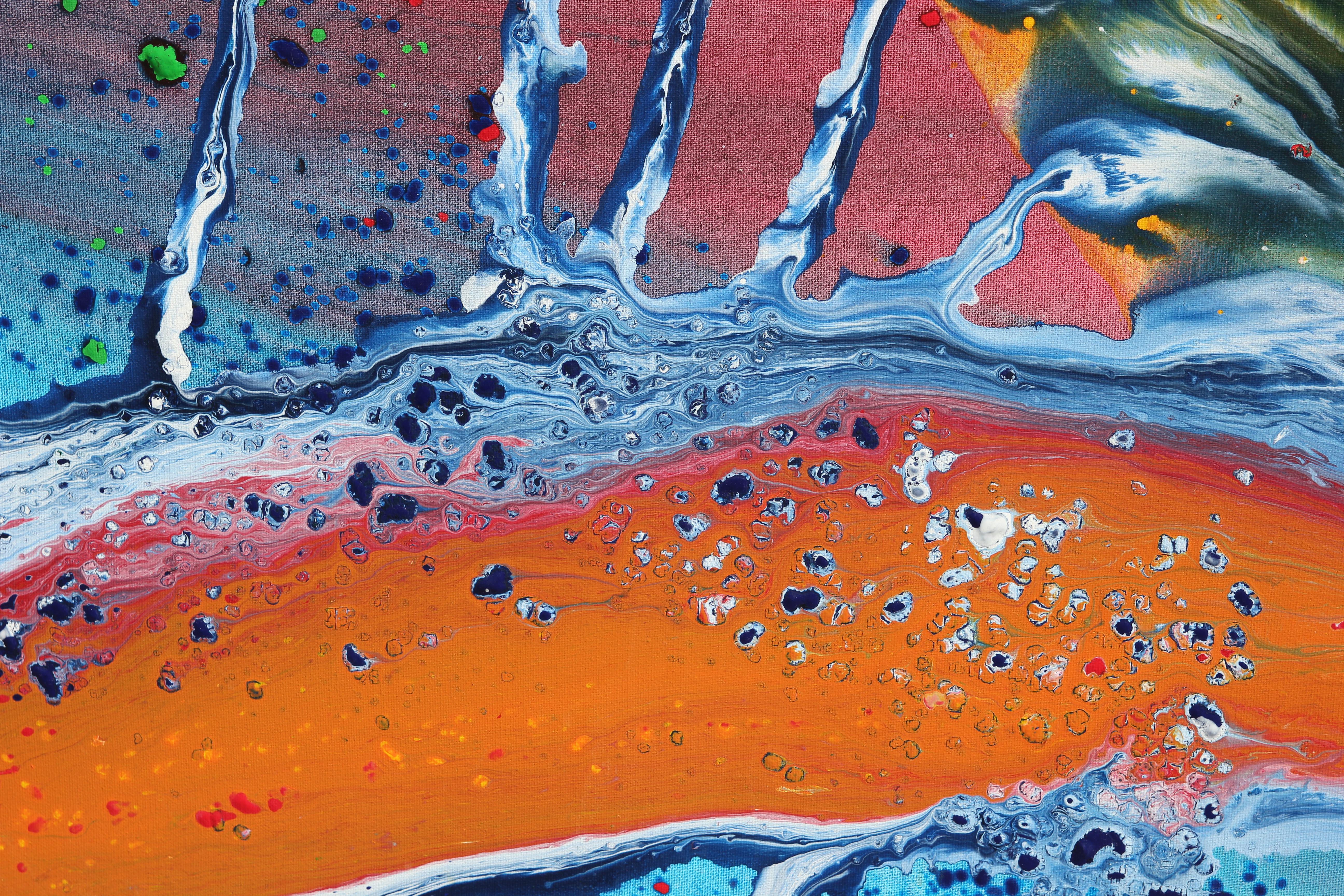 Multi-color acrylic pour abstract painting with hints of blue, red, orange and yellow. 
The painting's composition is created through the fascinating fluid painting technique, in which multiple colors of paint our poured on top of one another.