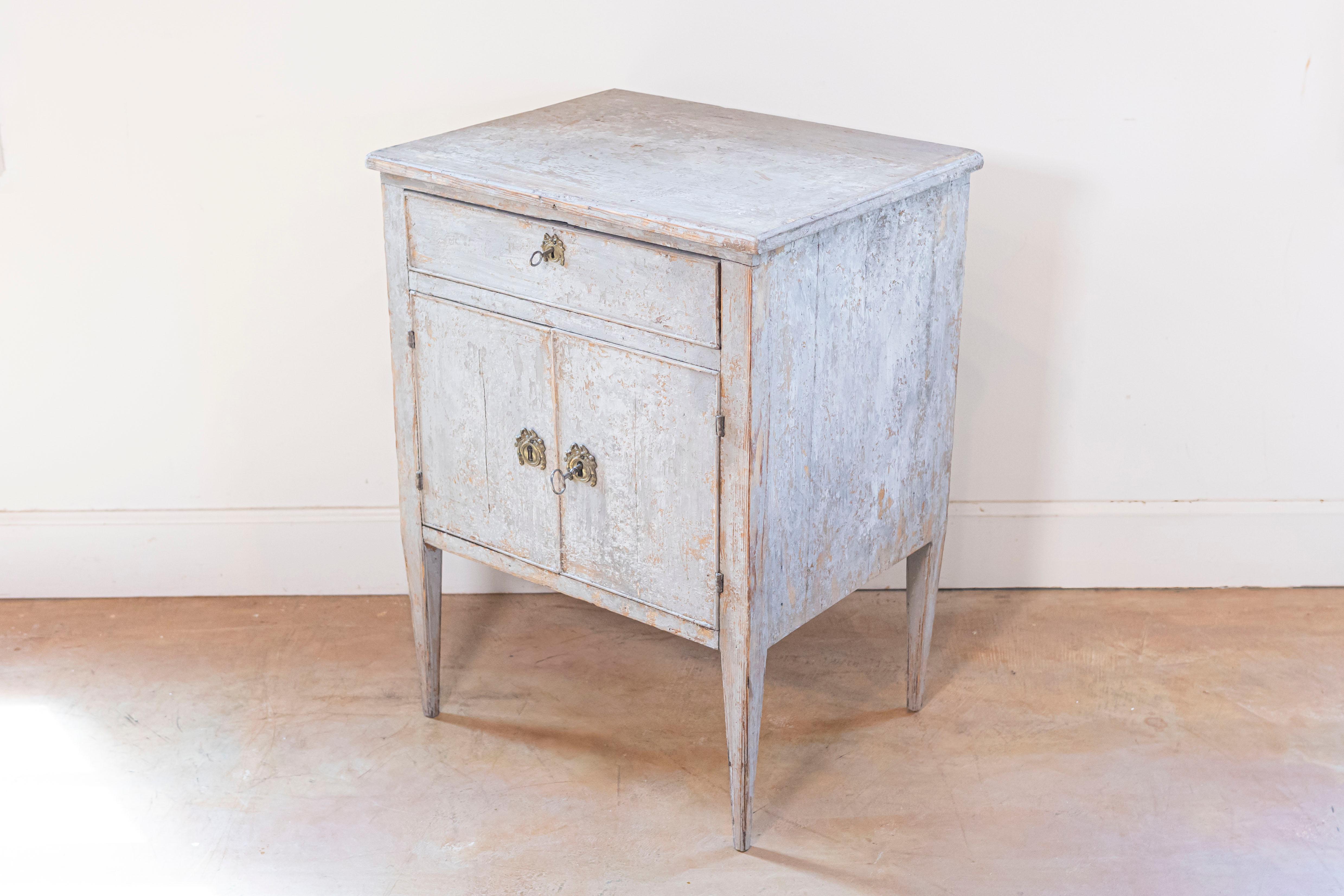 Swedish Gustavian Style Gray Painted Bedside Table with Distressed Finish In Good Condition In Atlanta, GA