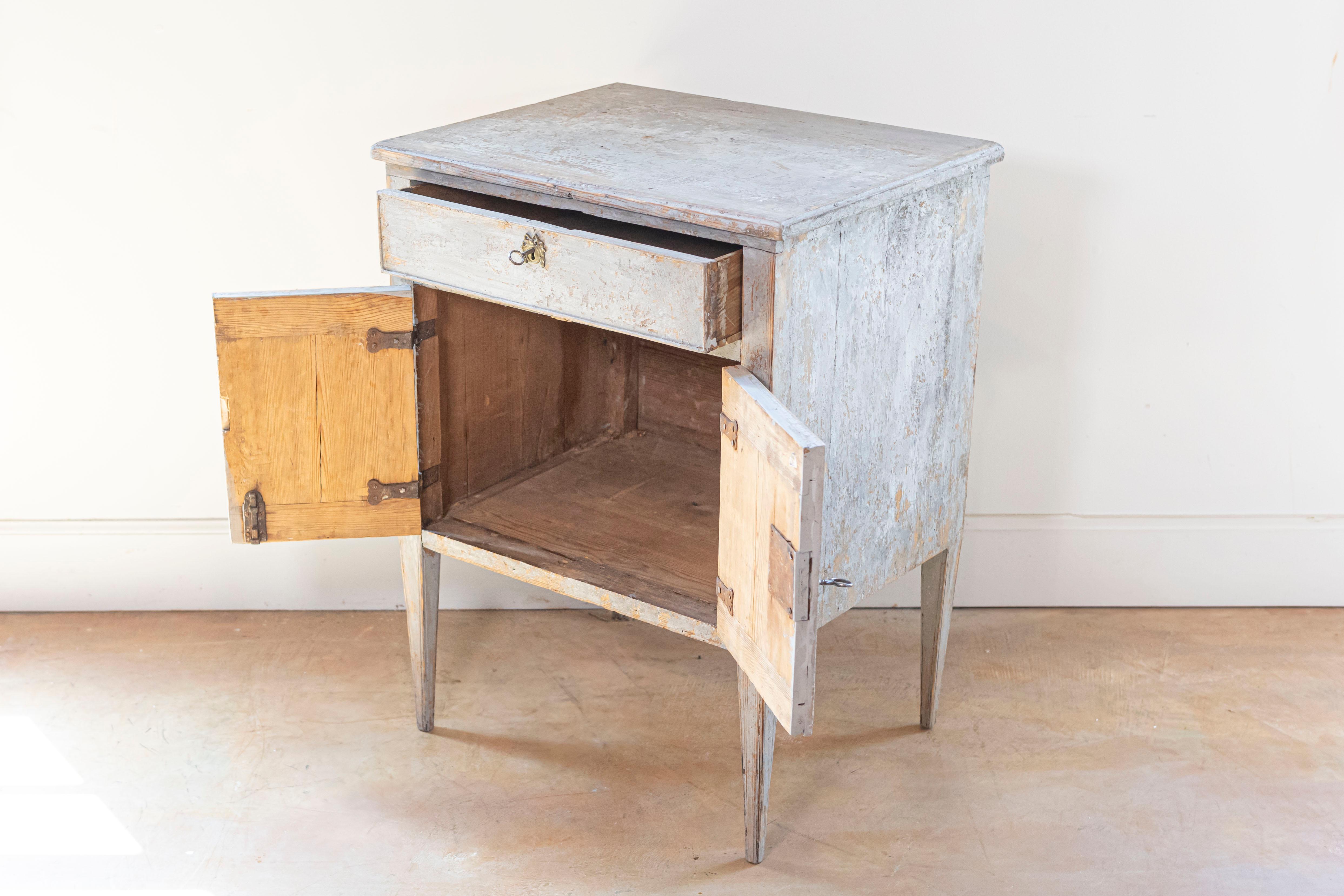 19th Century Swedish Gustavian Style Gray Painted Bedside Table with Distressed Finish