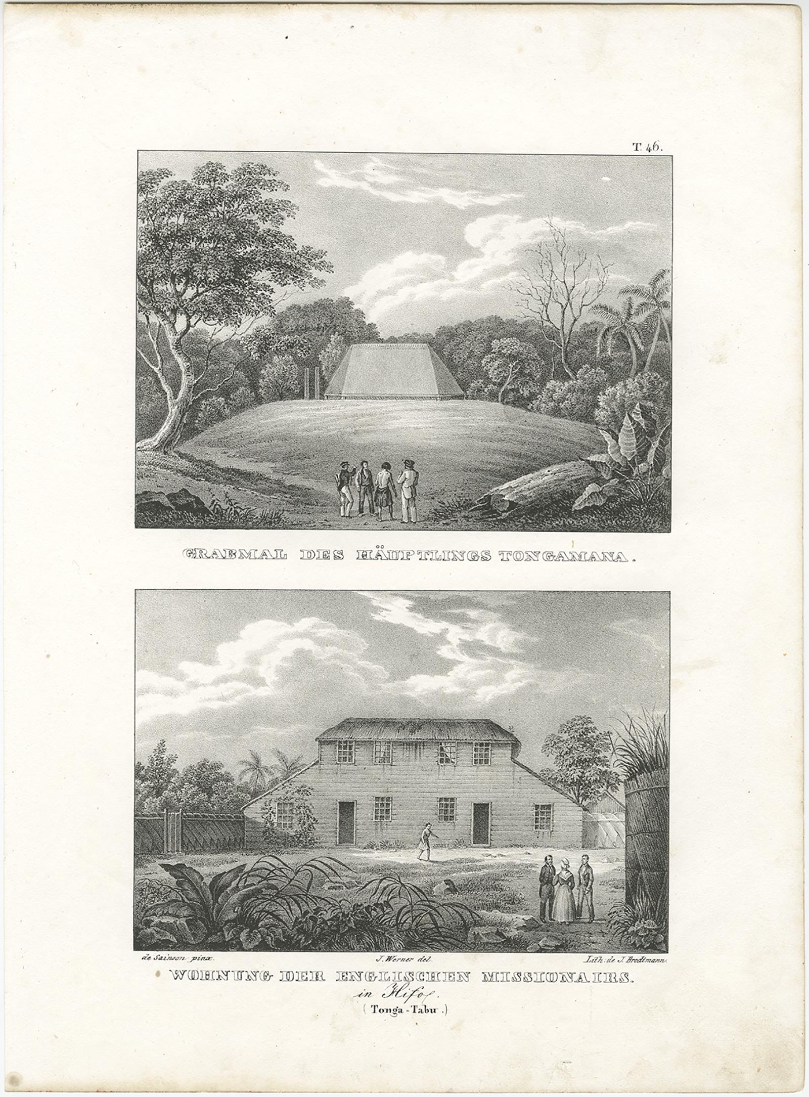 Antique print titled 'Grabmal des Häuptlings Tongamana' and 'Wohnung der Englischen Missionairs in Hifo'. 

Old print with two views, the upper image depicts the tomb of Tongamana. The lower image depicts a residence of an English missionary in