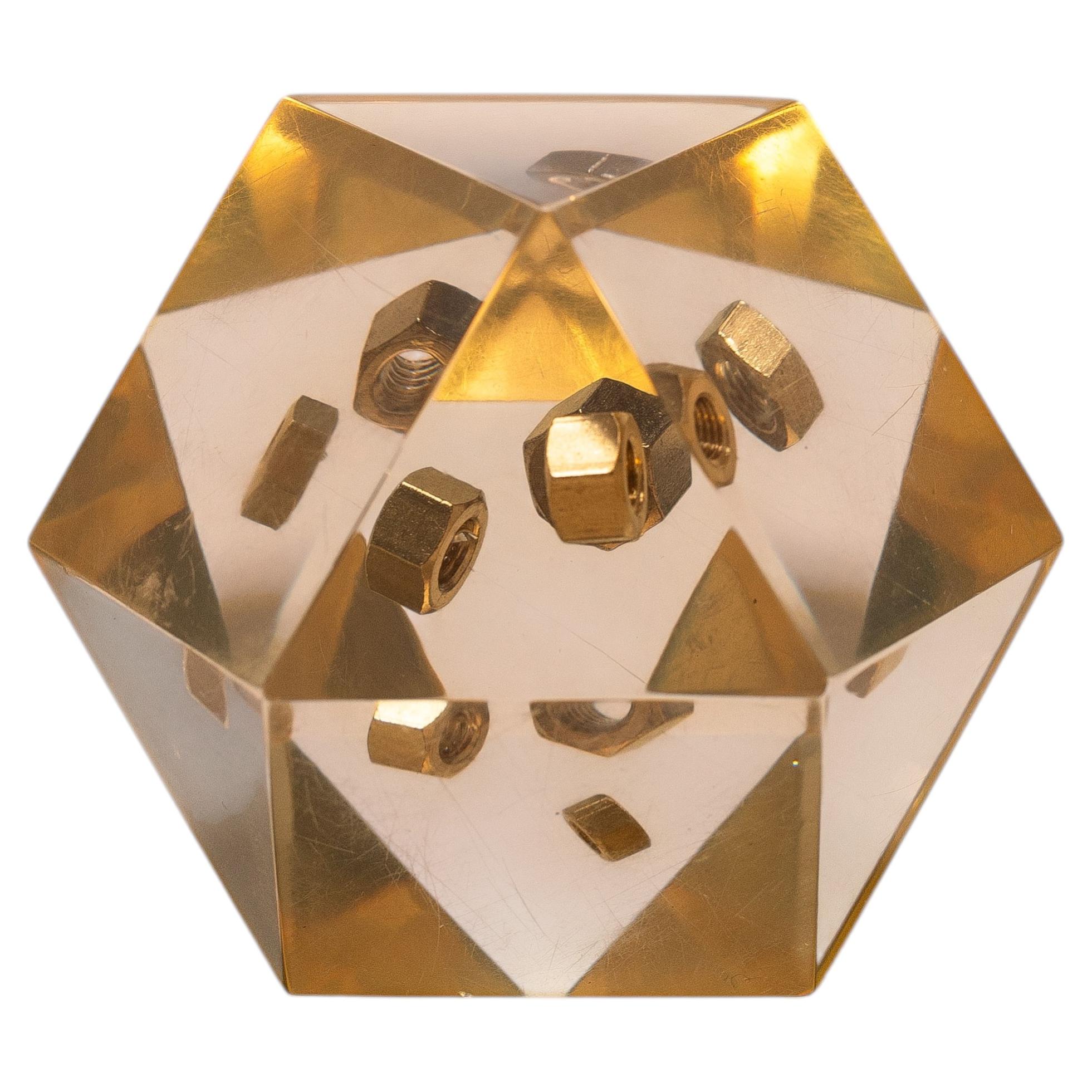 Resin and Brass Inclusion Paperweight, Geometric Space Age Design, France 1970s