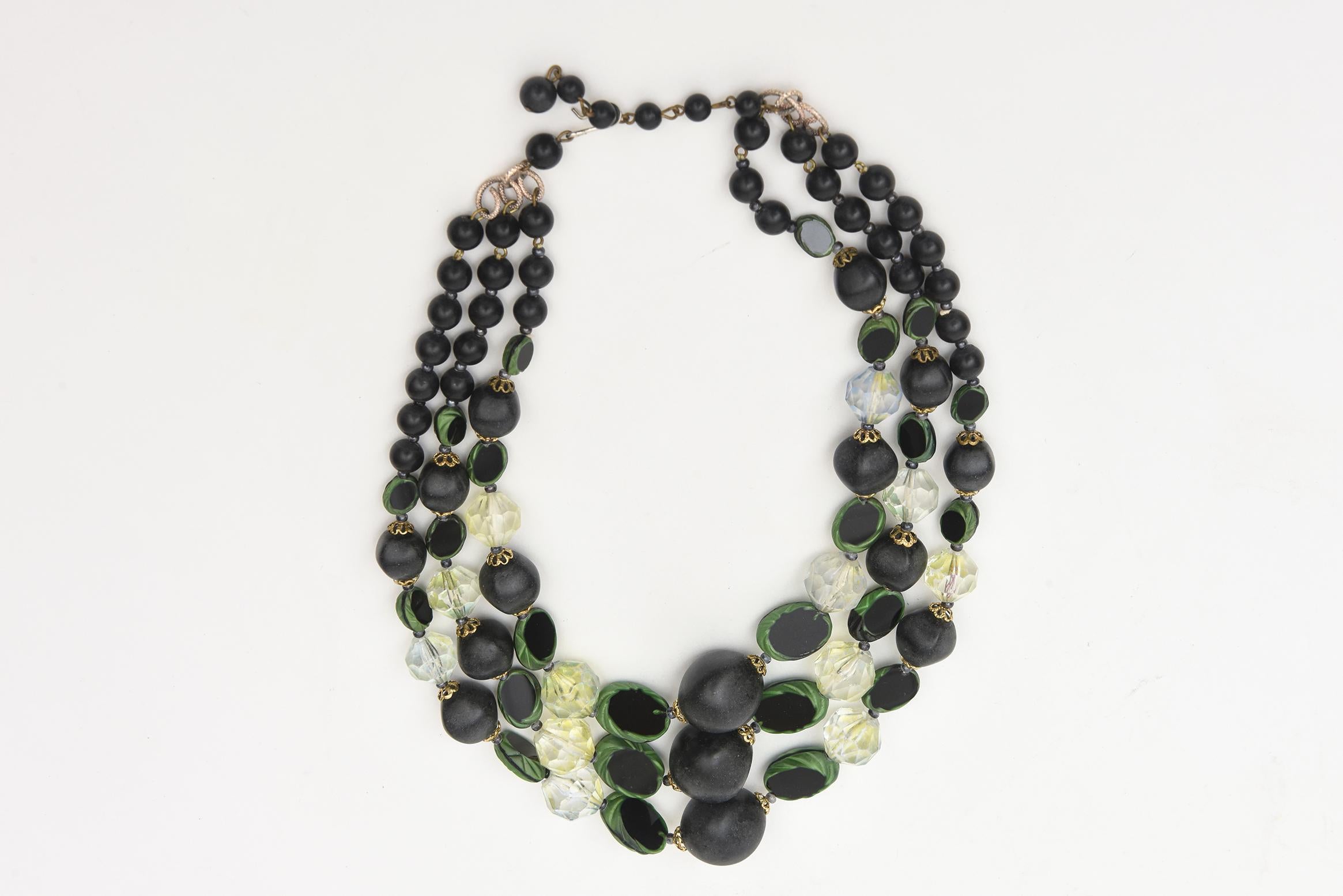 Modern Vintage Resin and Lucite Green, Black, Clear 3 Strand Necklace  For Sale