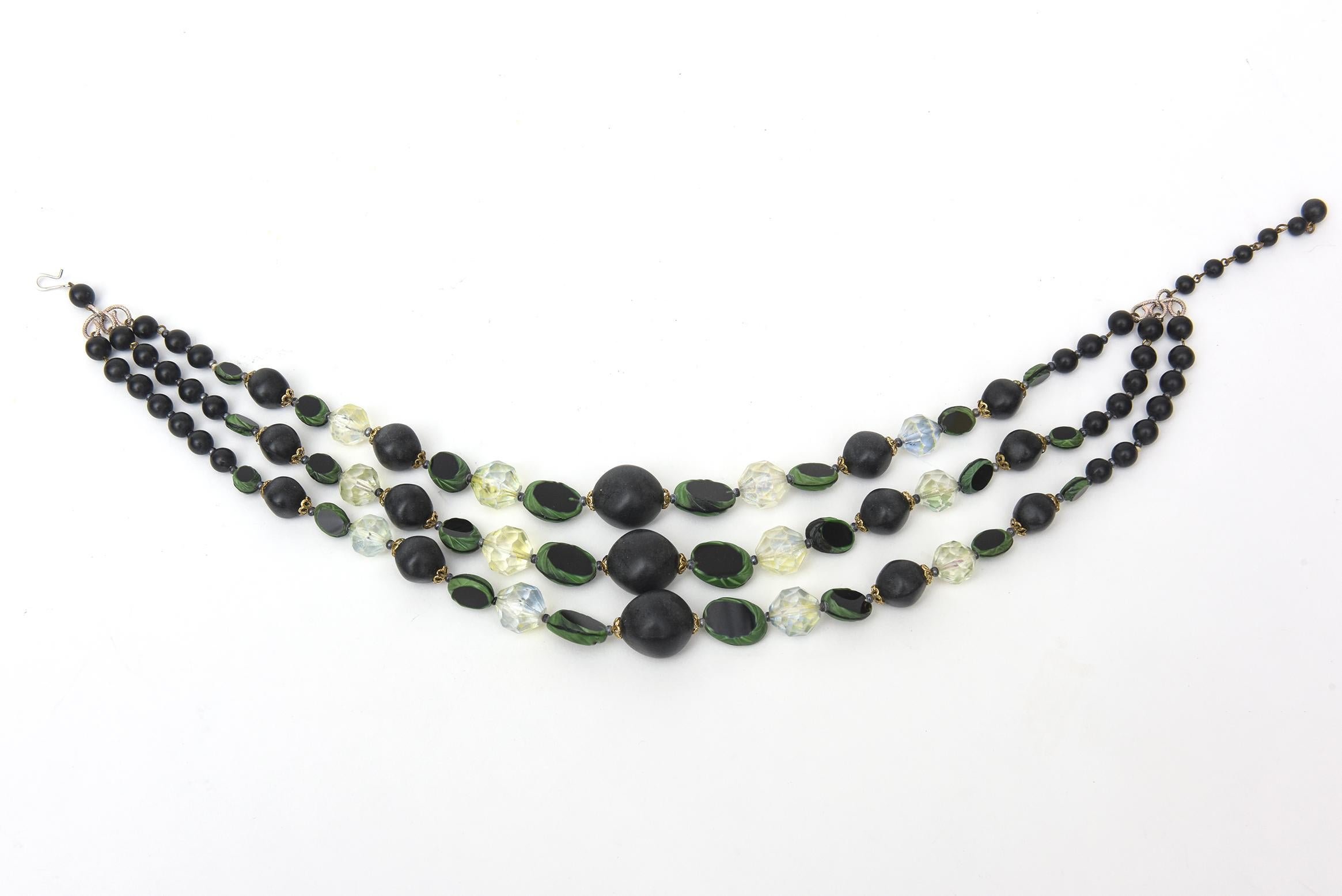 Vintage Resin and Lucite Green, Black, Clear 3 Strand Necklace  For Sale 1