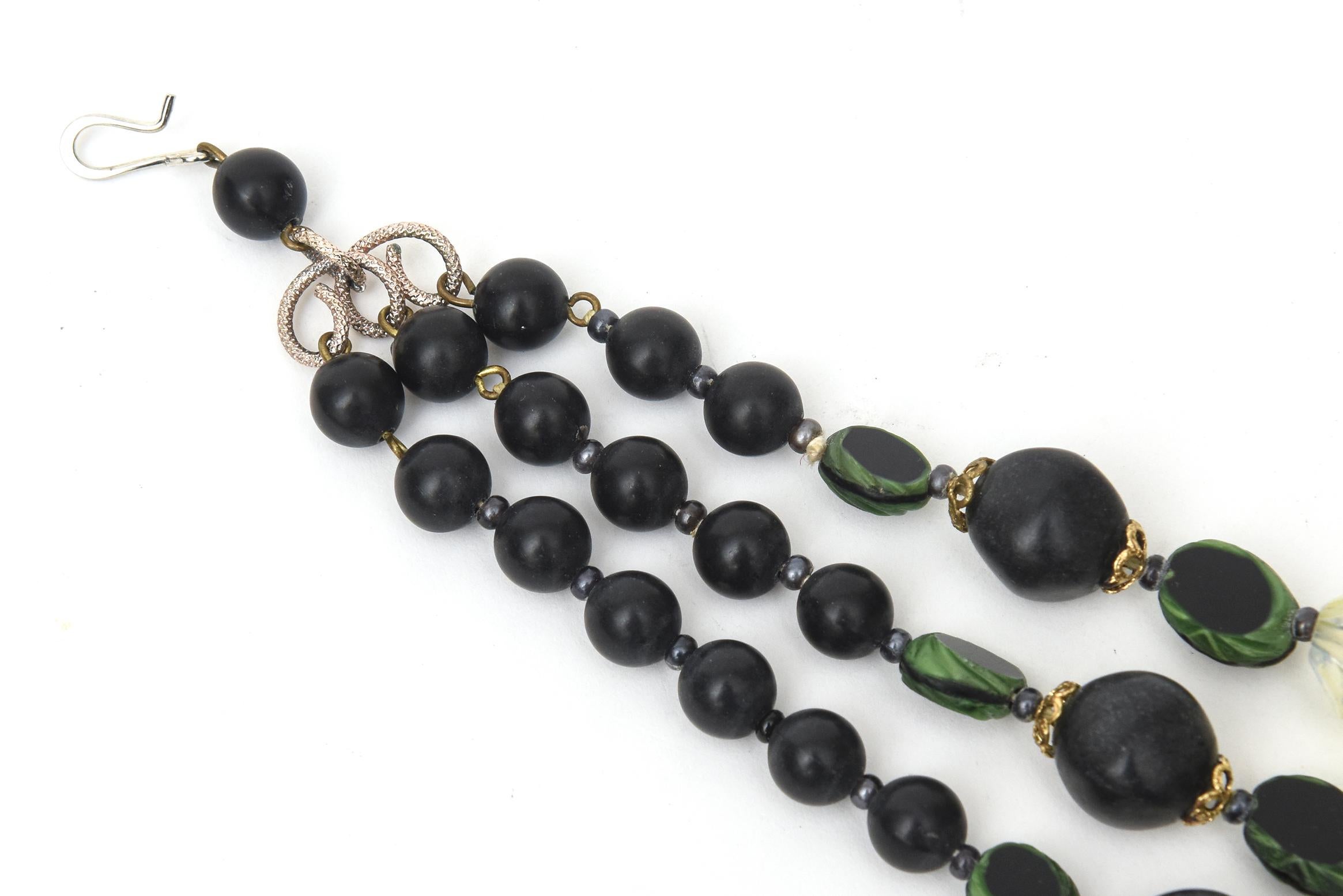 Vintage Resin and Lucite Green, Black, Clear 3 Strand Necklace  For Sale 3