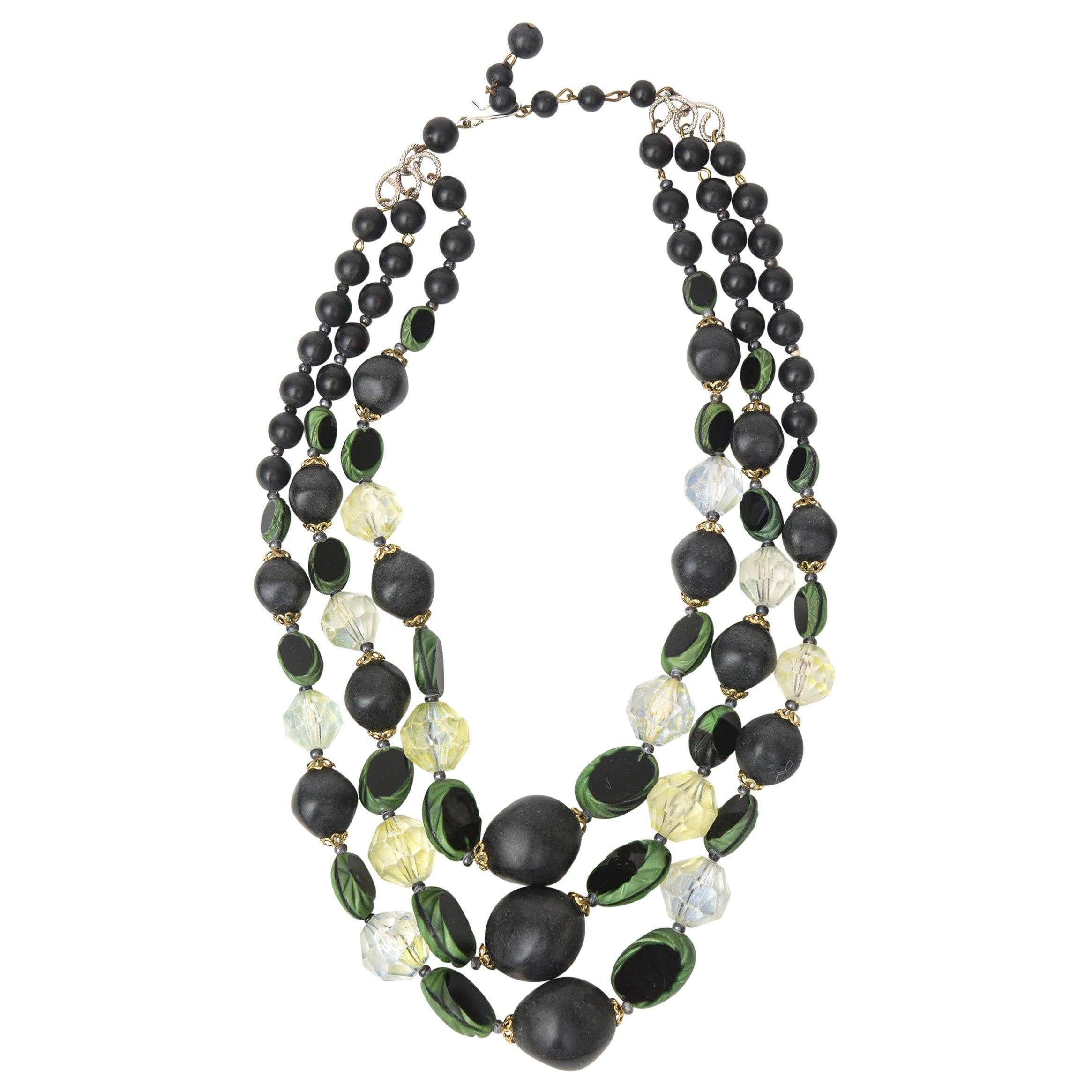 Vintage Resin and Lucite Green, Black, Clear 3 Strand Necklace 