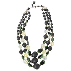 Resin and Lucite Green, Black, Clear 3 Strand Necklace Vintage 