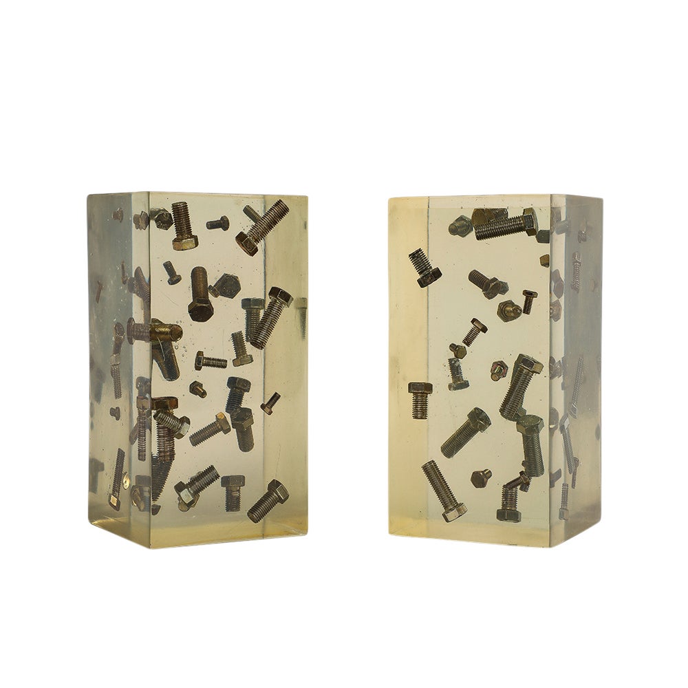 Modern Resin Bolt Bookends, Acrylic Blocks, Steel For Sale
