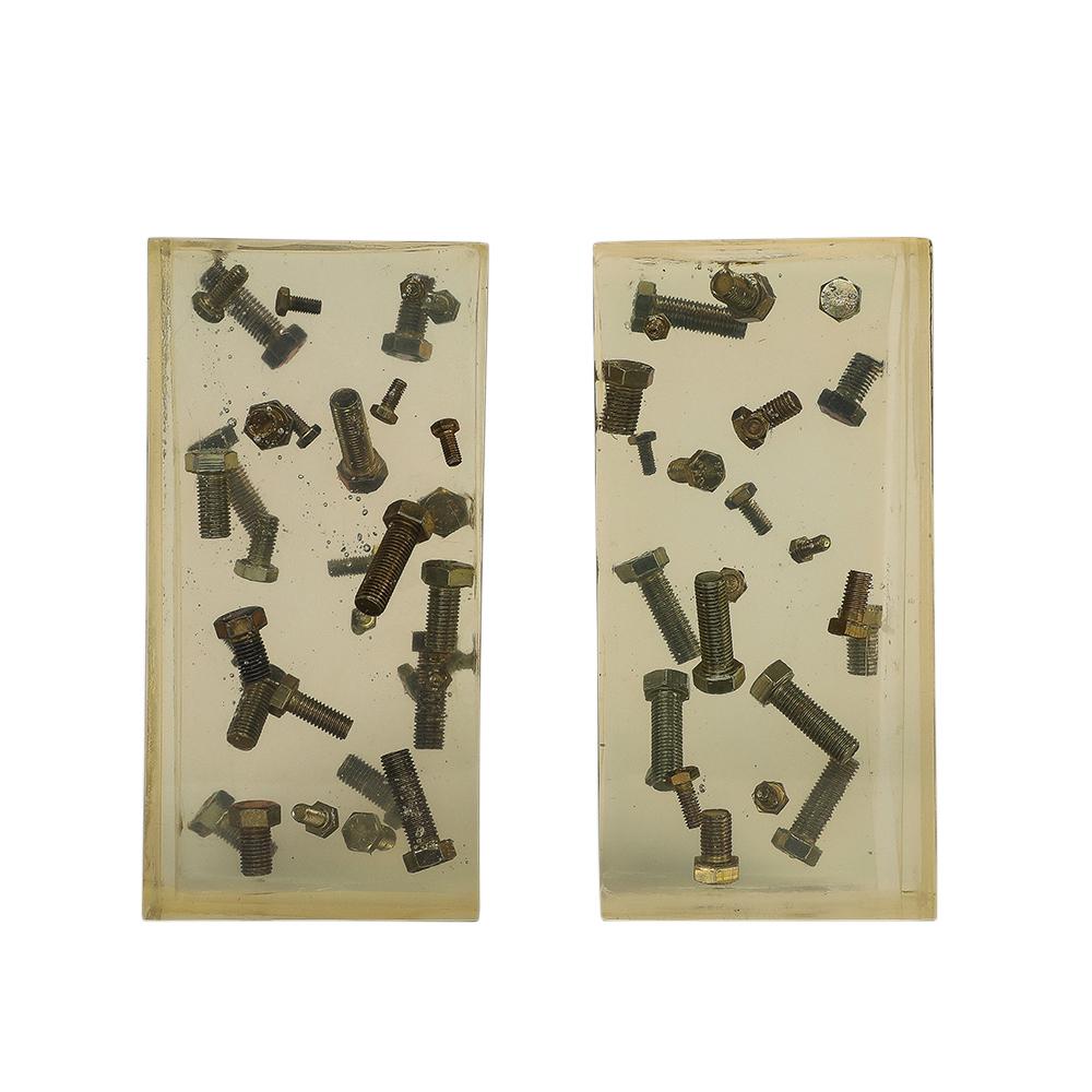 Resin Bolt Bookends, Acrylic Blocks, Steel In Good Condition For Sale In New York, NY