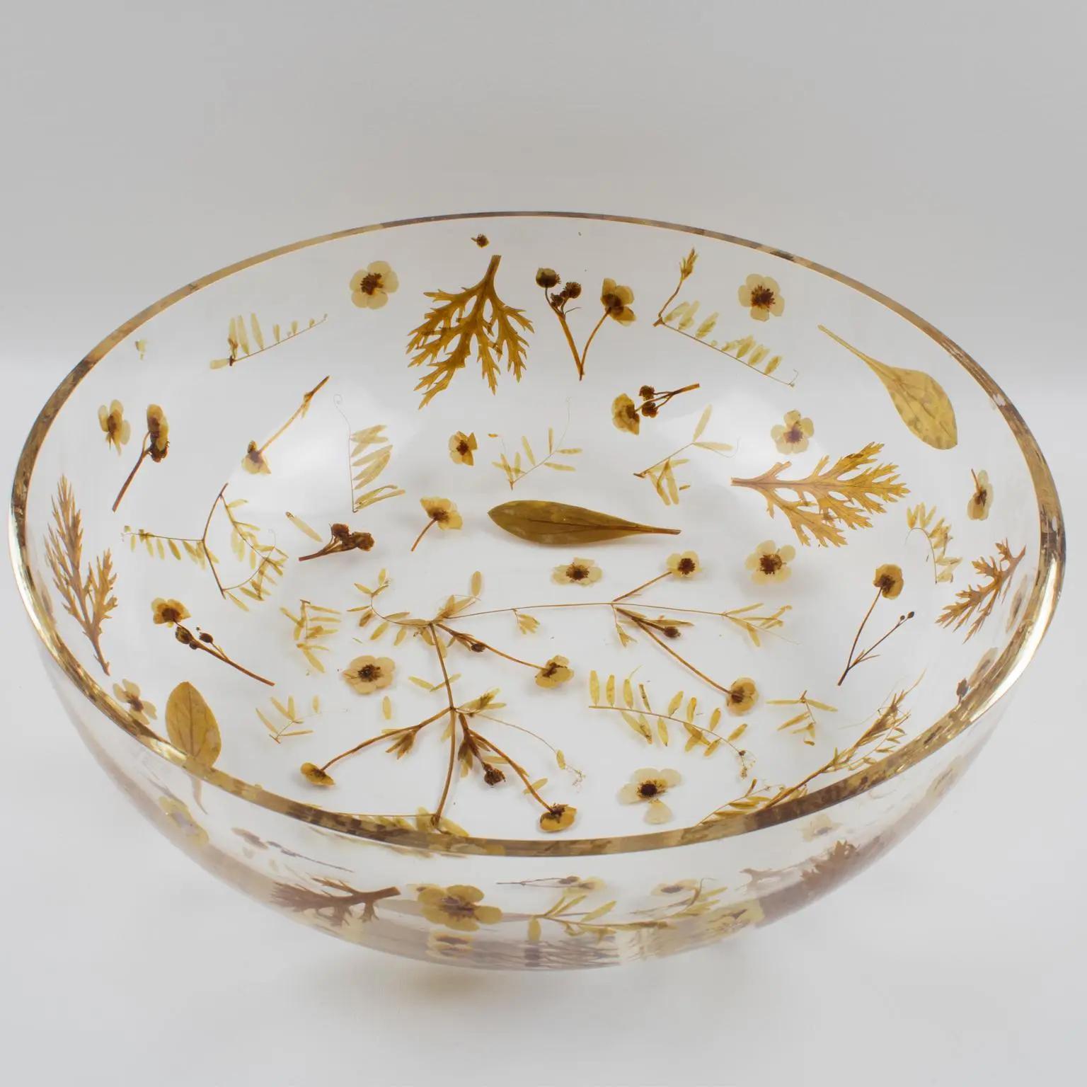 Mid-Century Modern Resin Bowl Centerpiece with Leaves and Flowers Inclusions, Italy 1970s For Sale