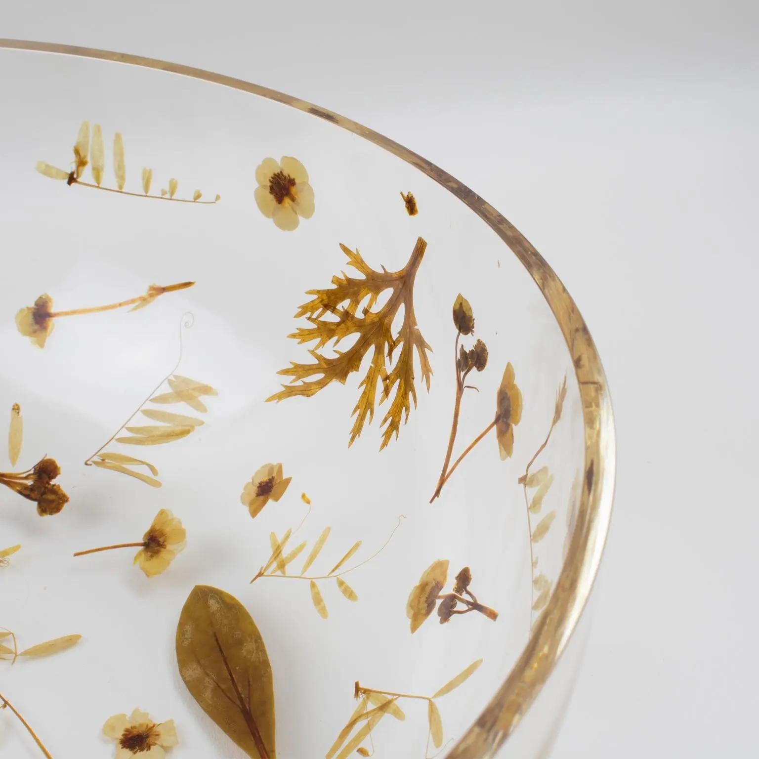 Italian Resin Bowl Centerpiece with Leaves and Flowers Inclusions, Italy 1970s For Sale