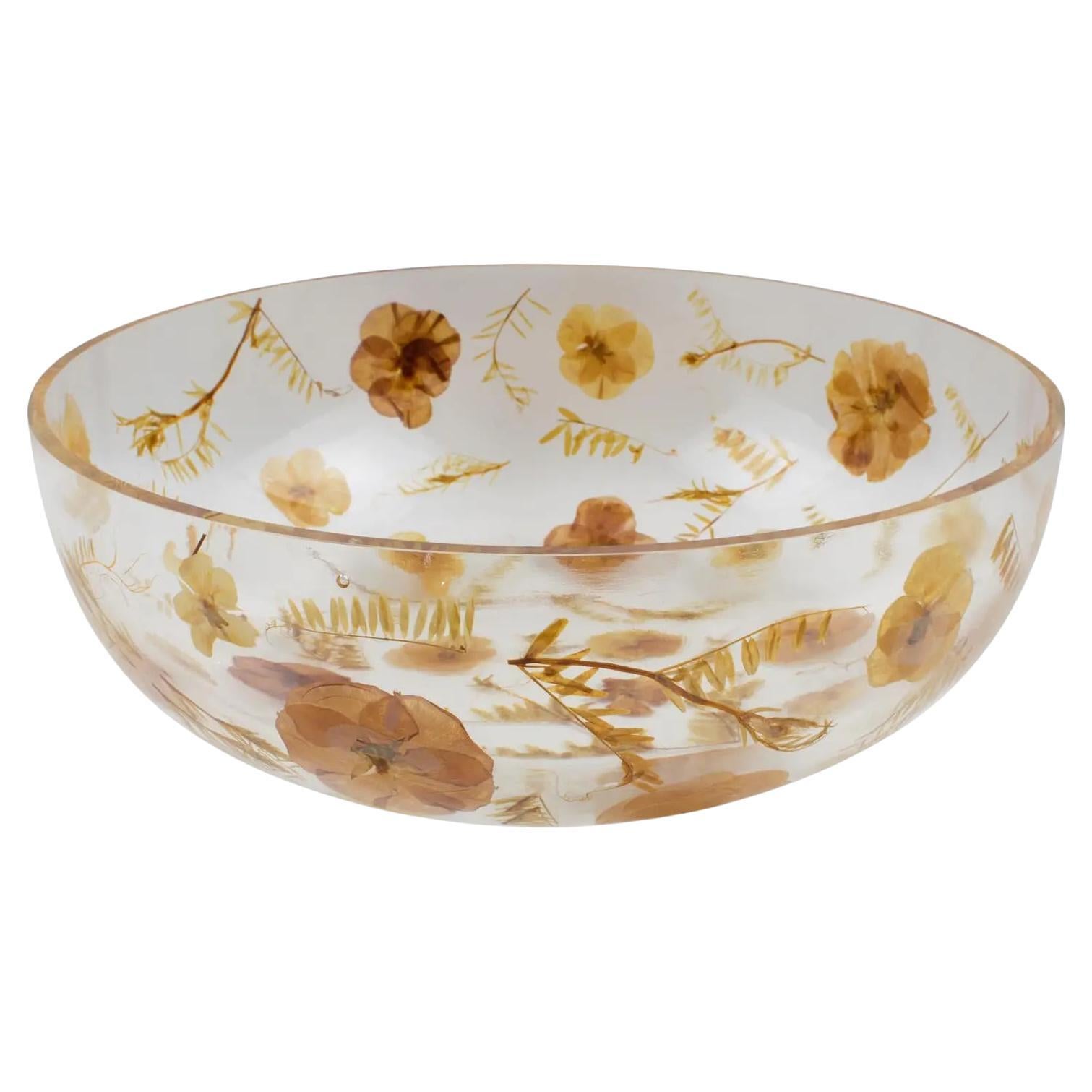 Resin Bowl Centerpiece with Leaves and Flowers Inclusions, Italy 1970s