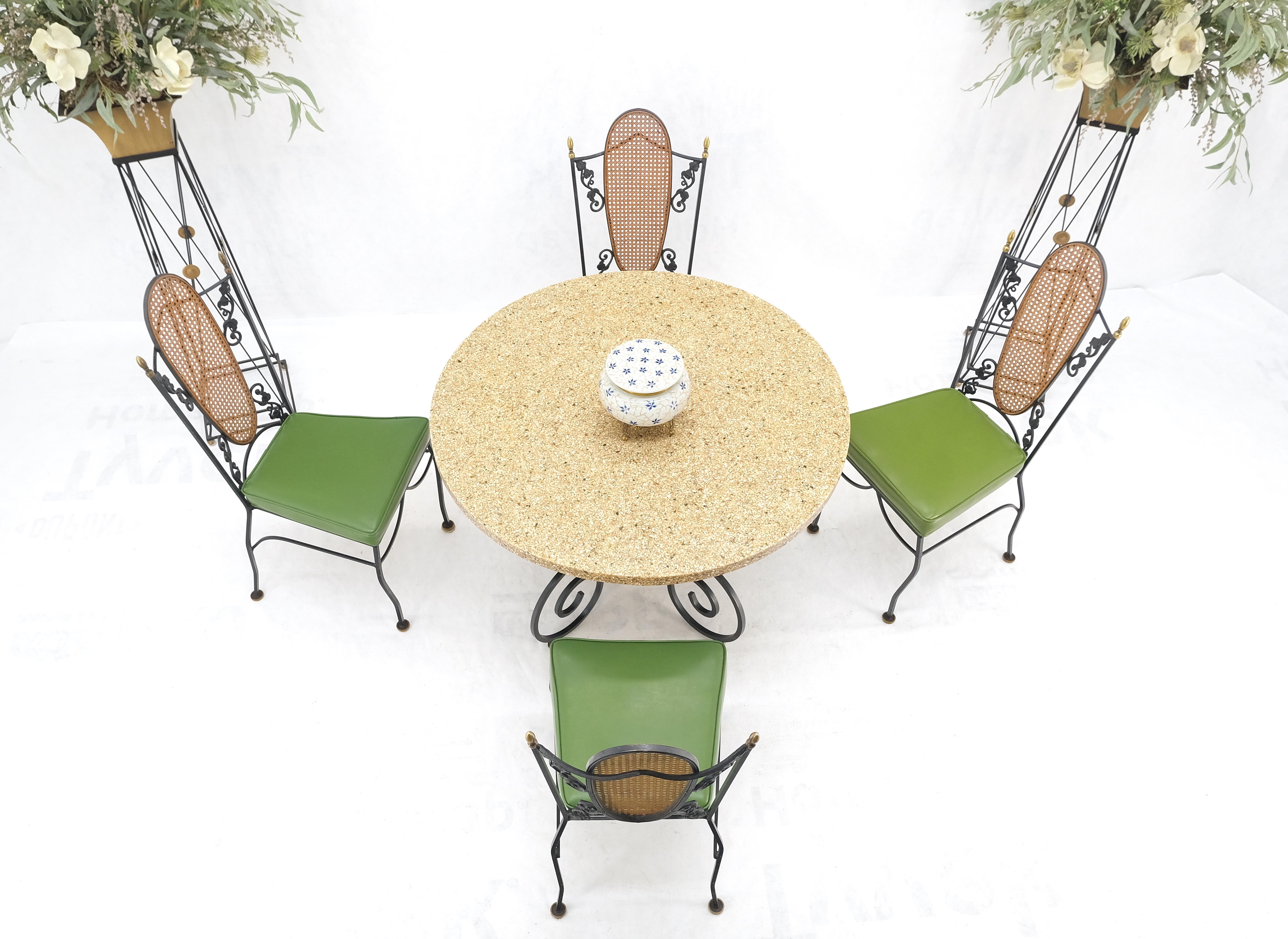 20th Century Resin Cast Abalone Shell Round Top Outdoor Table 4 Cane Back  Chairs Iron Set  For Sale
