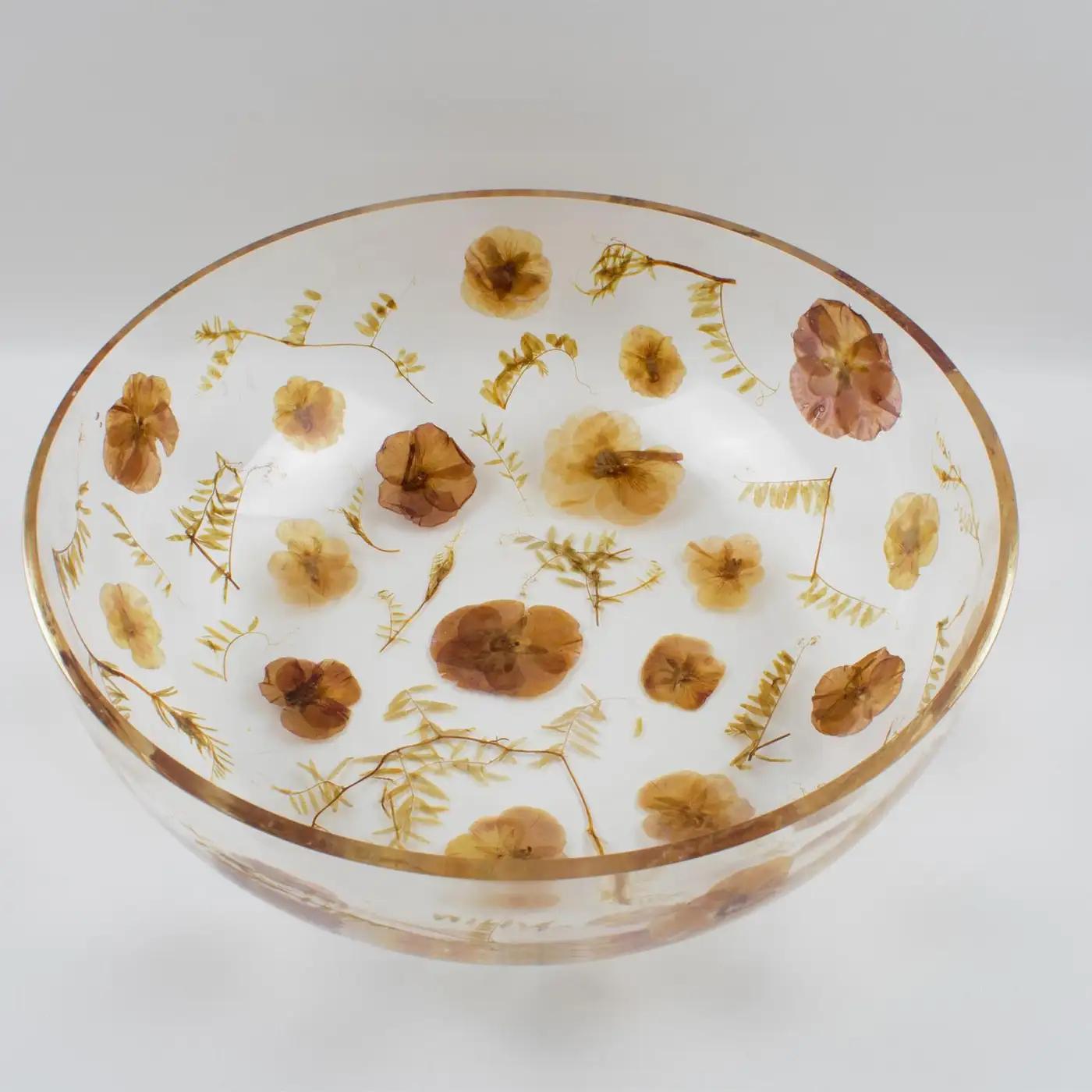 Mid-Century Modern Resin Centerpiece Bowl, Leaves and Flowers Inclusions, Italy 1970s For Sale