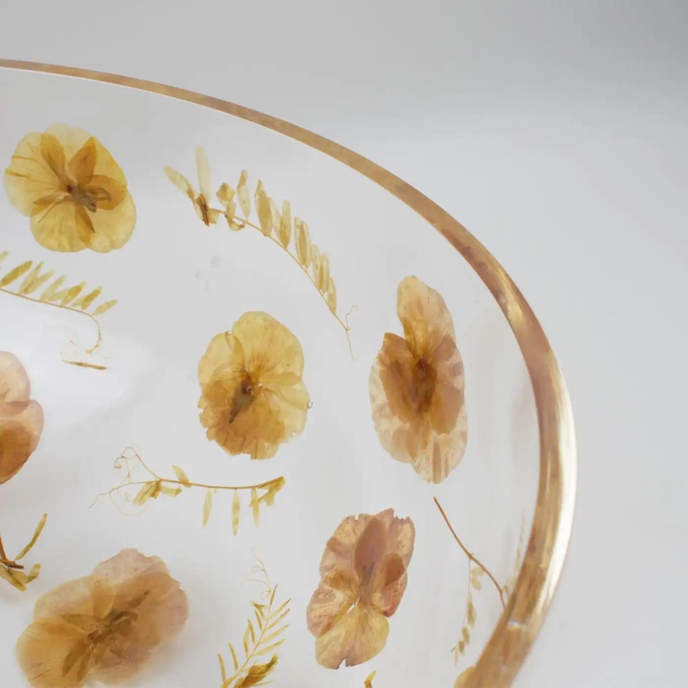 Italian Resin Centerpiece Bowl, Leaves and Flowers Inclusions, Italy 1970s For Sale