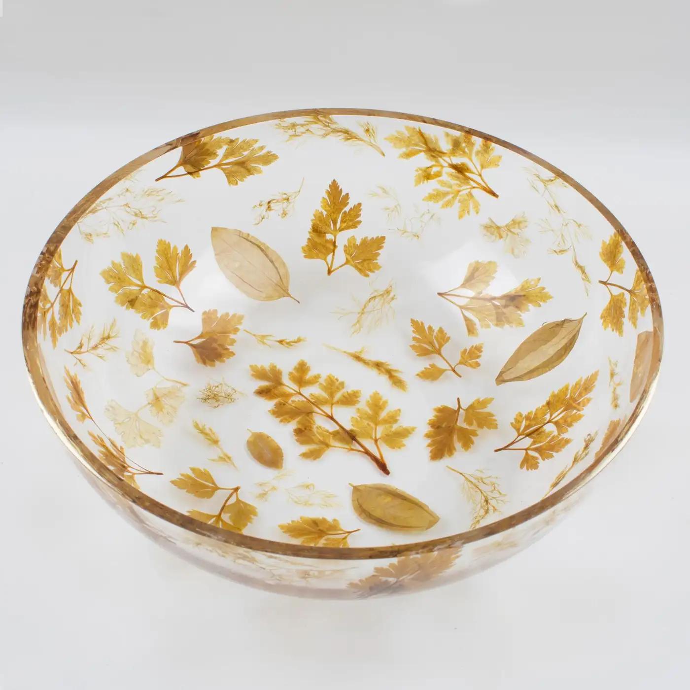 Mid-Century Modern Resin Centerpiece Serving Bowl with Leaves Inclusions, Italy 1970s For Sale