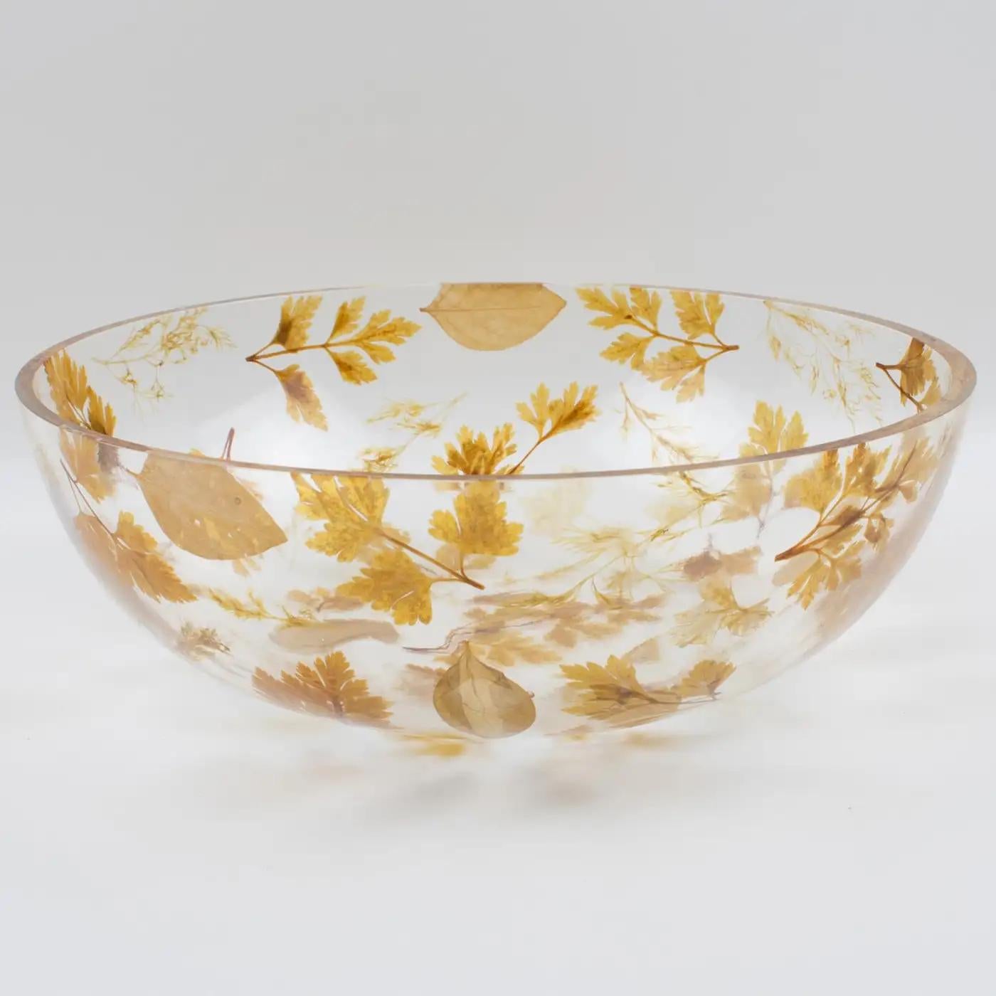 Italian Resin Centerpiece Serving Bowl with Leaves Inclusions, Italy 1970s For Sale