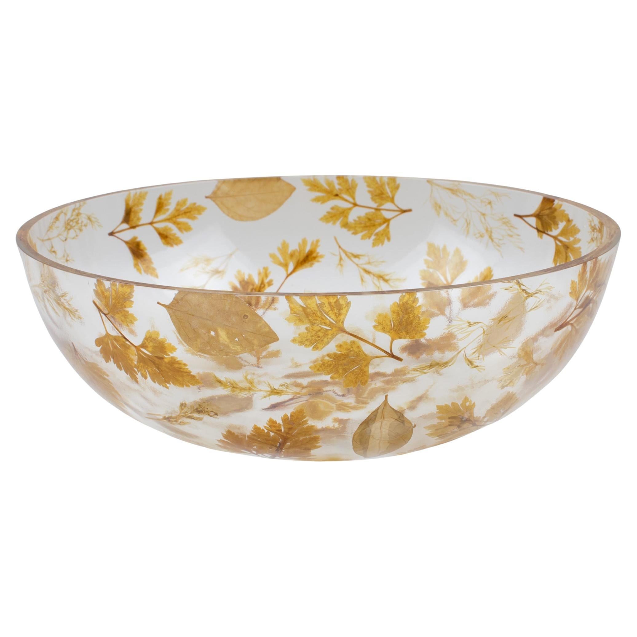 Resin Centerpiece Serving Bowl with Leaves Inclusions, Italy 1970s en venta