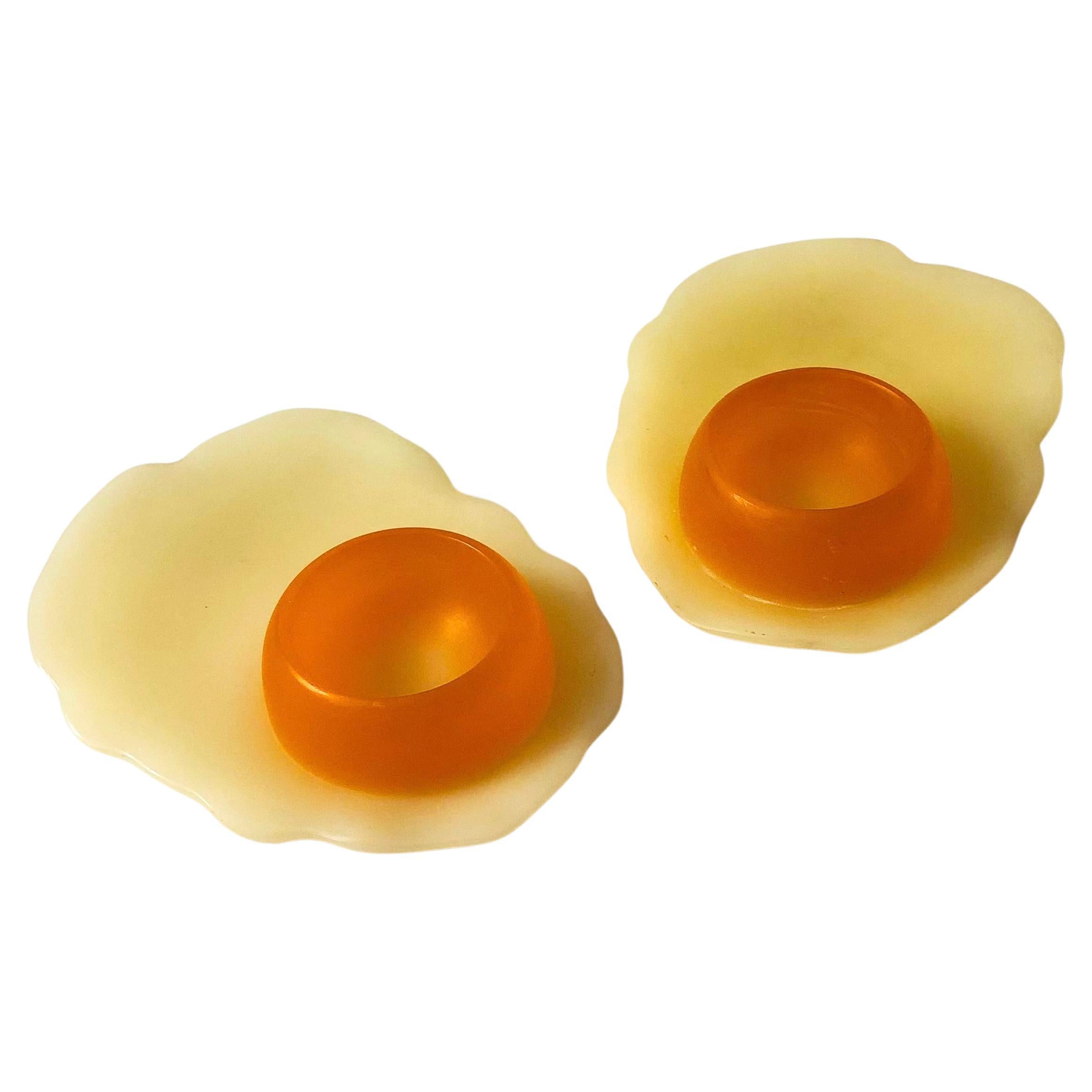 Resin Fried Egg Shaped Egg Cups or Candle Holders - Set of 2 For Sale