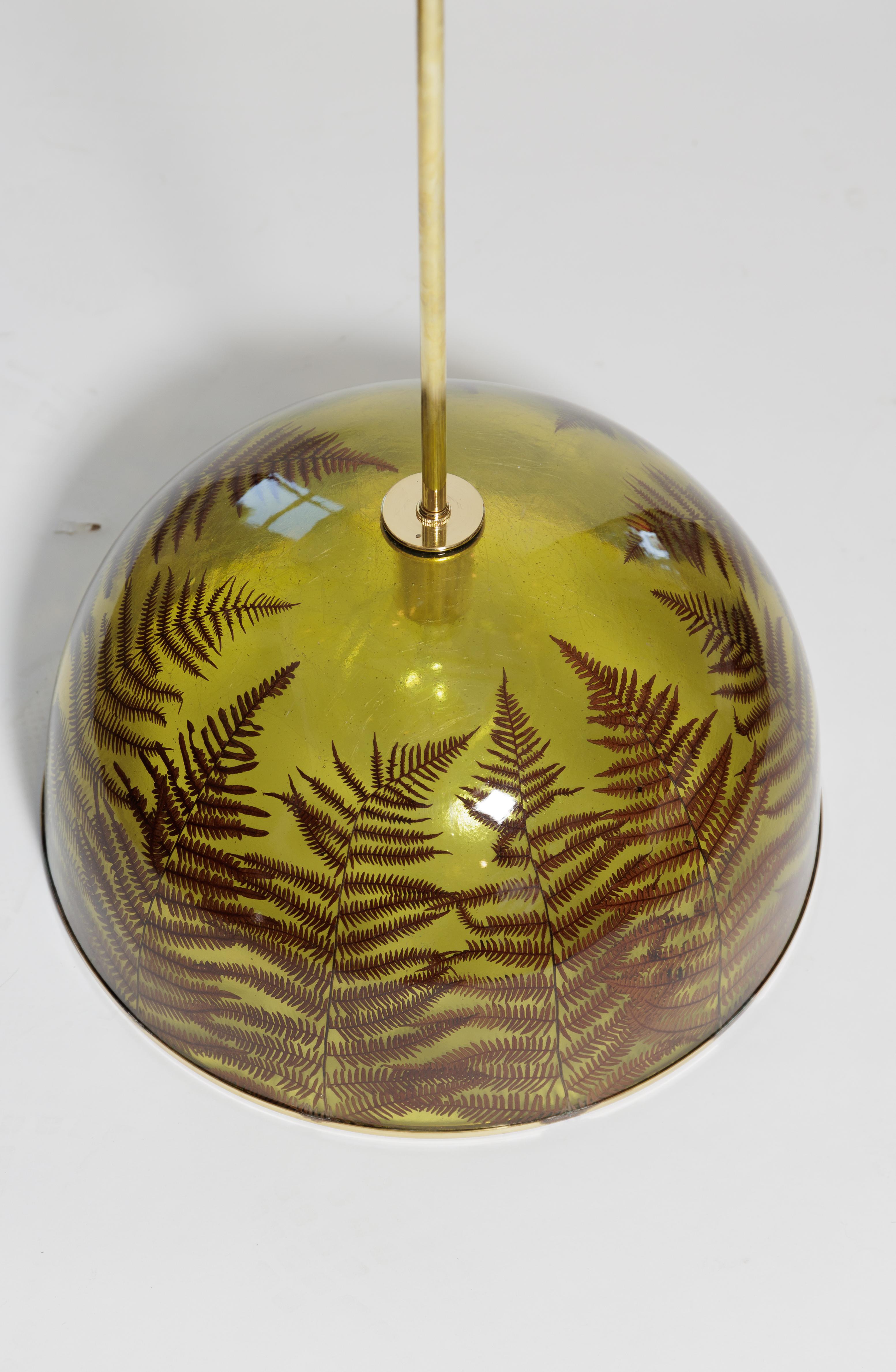 Mid-Century Modern Resin Pendant Encasing Natural Elements (Ferns) with Brass Detail For Sale