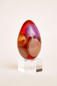 Vintage Resin Abstract Sculpture Red, Grey, Purple, Tan, Yellow On Lucite Base