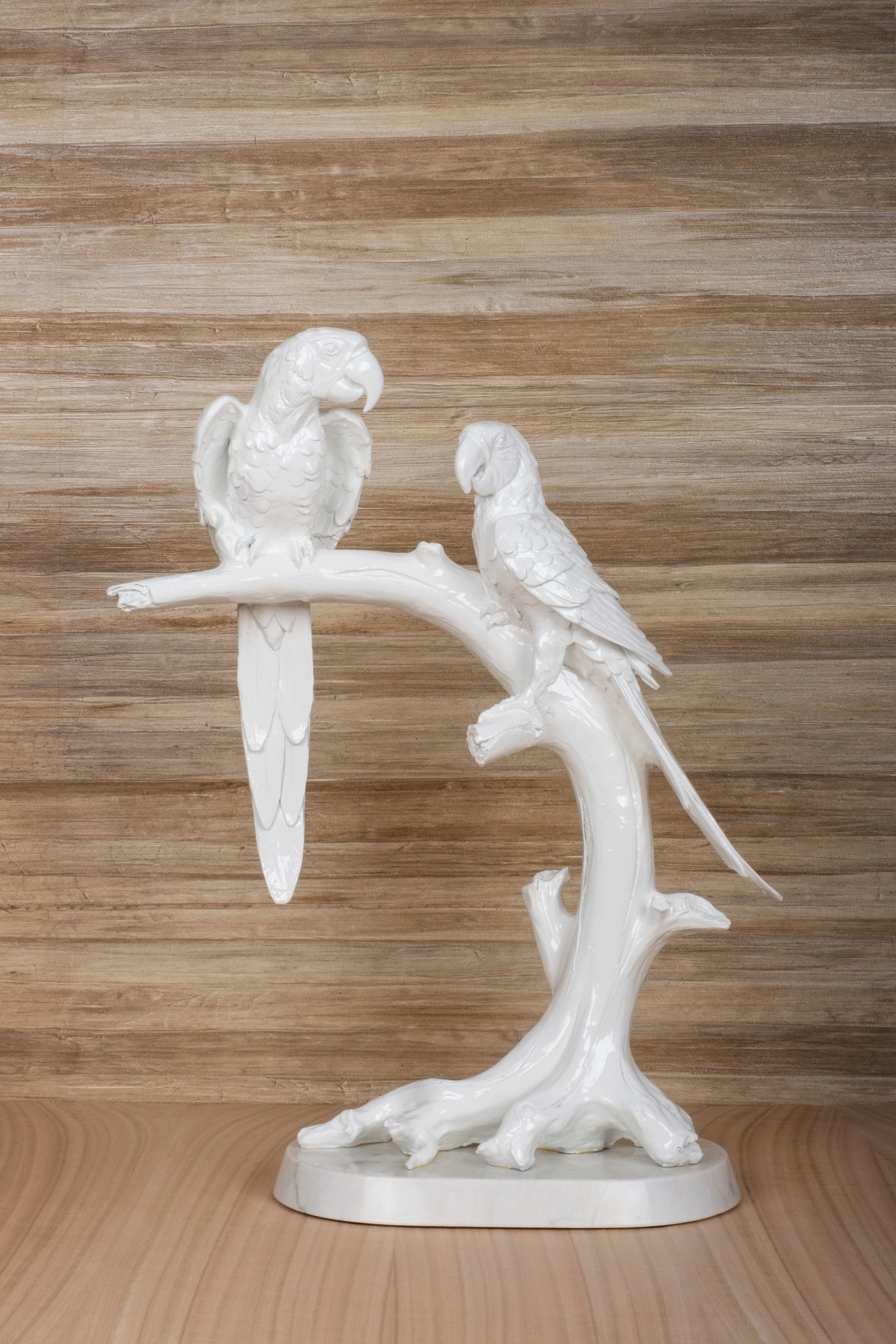 Modern Resin Statue, Parrots On Branch, Calacatta Base, Handmade by Lusitanus Home For Sale