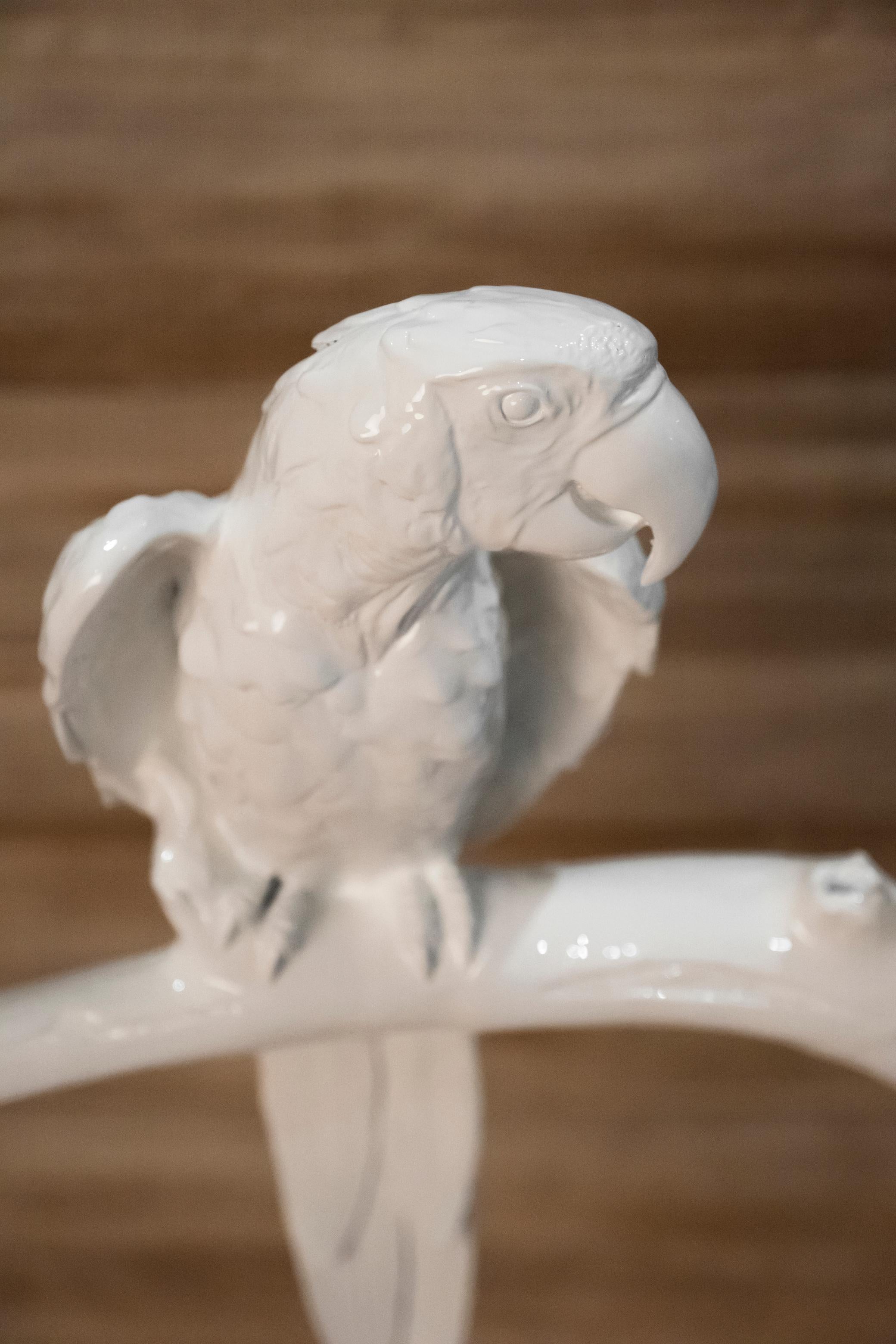 Hand-Crafted Resin Statue, Parrots On Branch, Calacatta Base, Handmade by Lusitanus Home For Sale