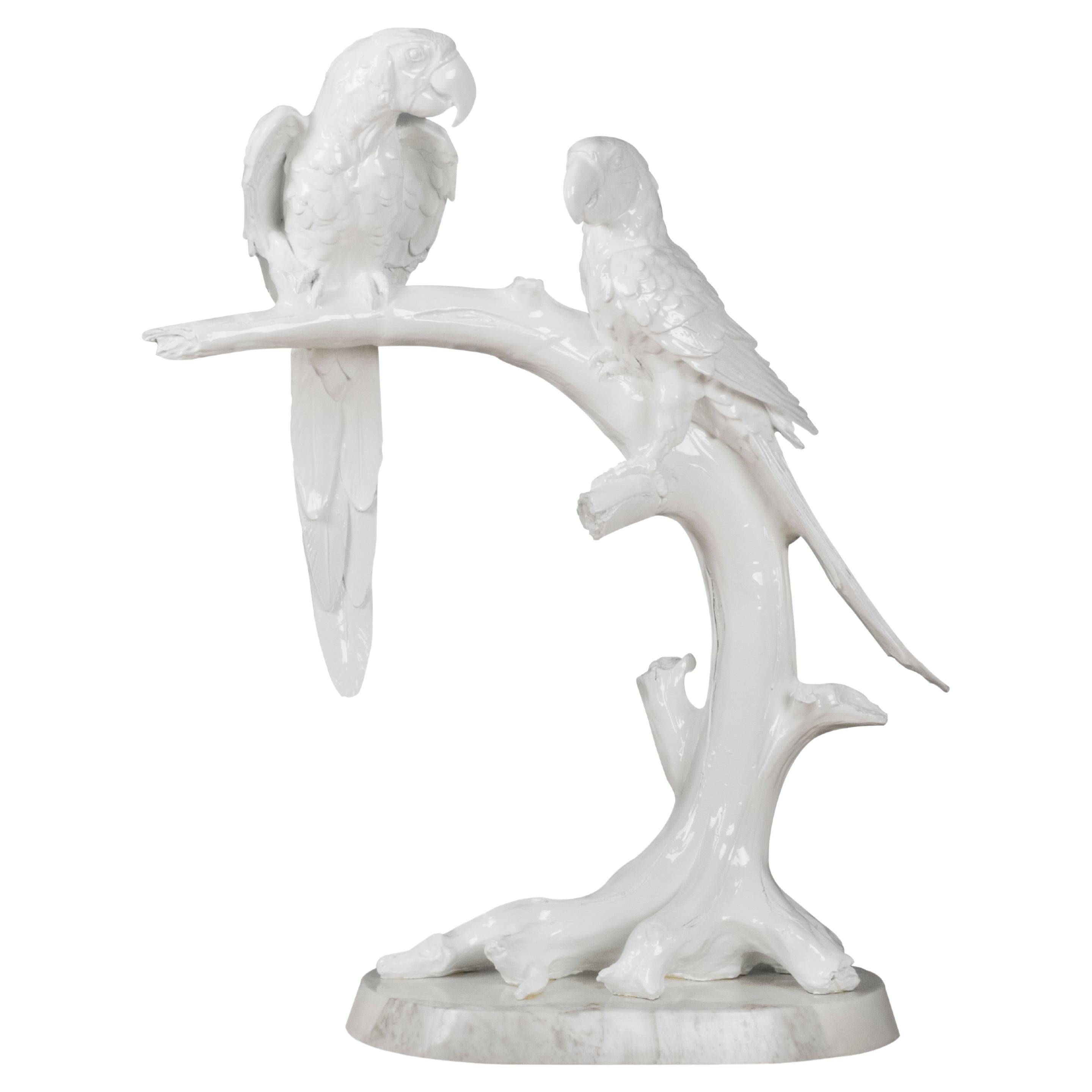 Resin Statue, Parrots On Branch, Calacatta Base, Handmade by Lusitanus Home For Sale