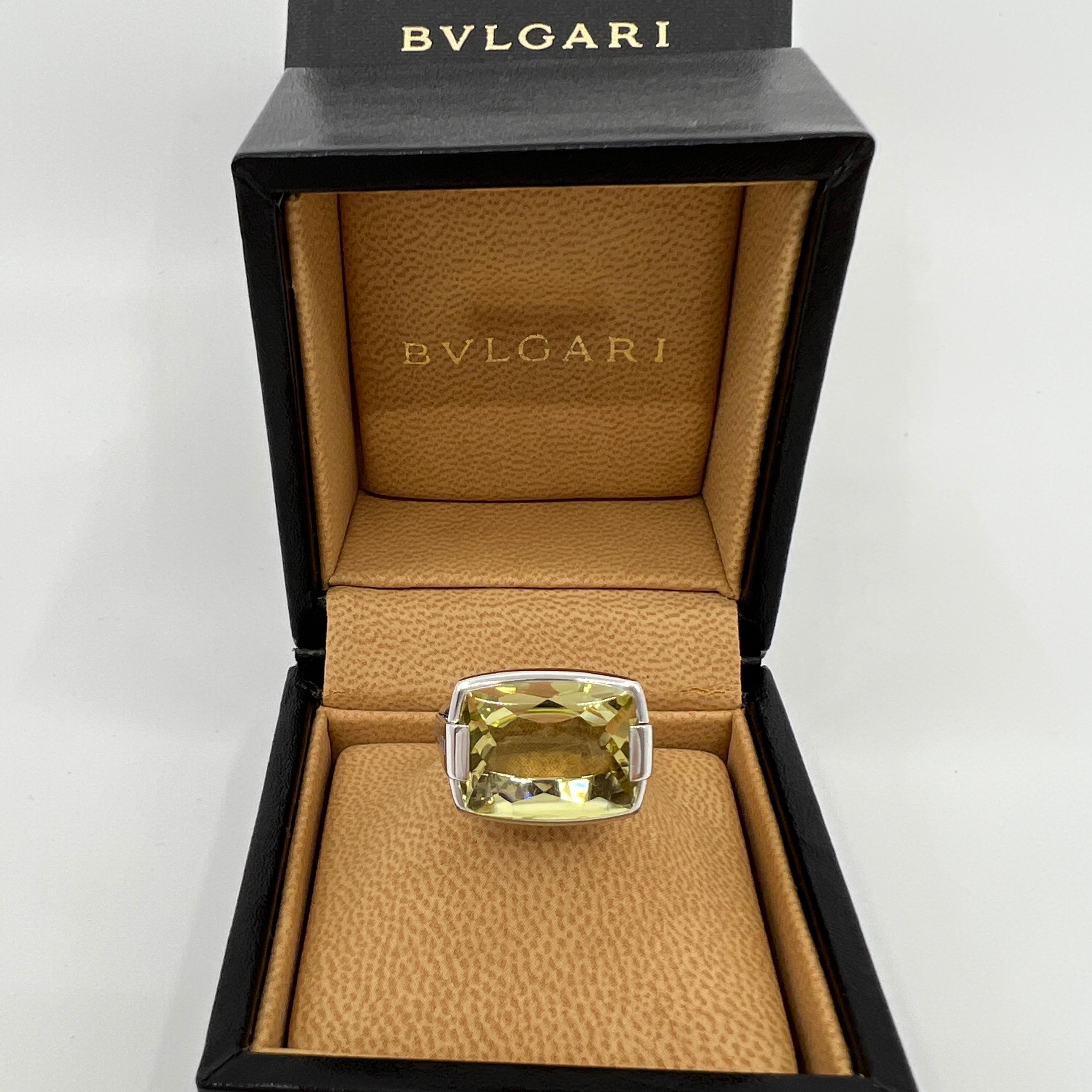 Resizing charge for to US 7 * Bvlgari Allegra Citrine Lemon Quartz 18k White Gold Statement Ring.

Beautiful large fancy cushion cut Citrine Lemon Quartz set in a fine 18k white gold ring from the Bvlgari Allegra collection.

Has full Bvlgari stamps