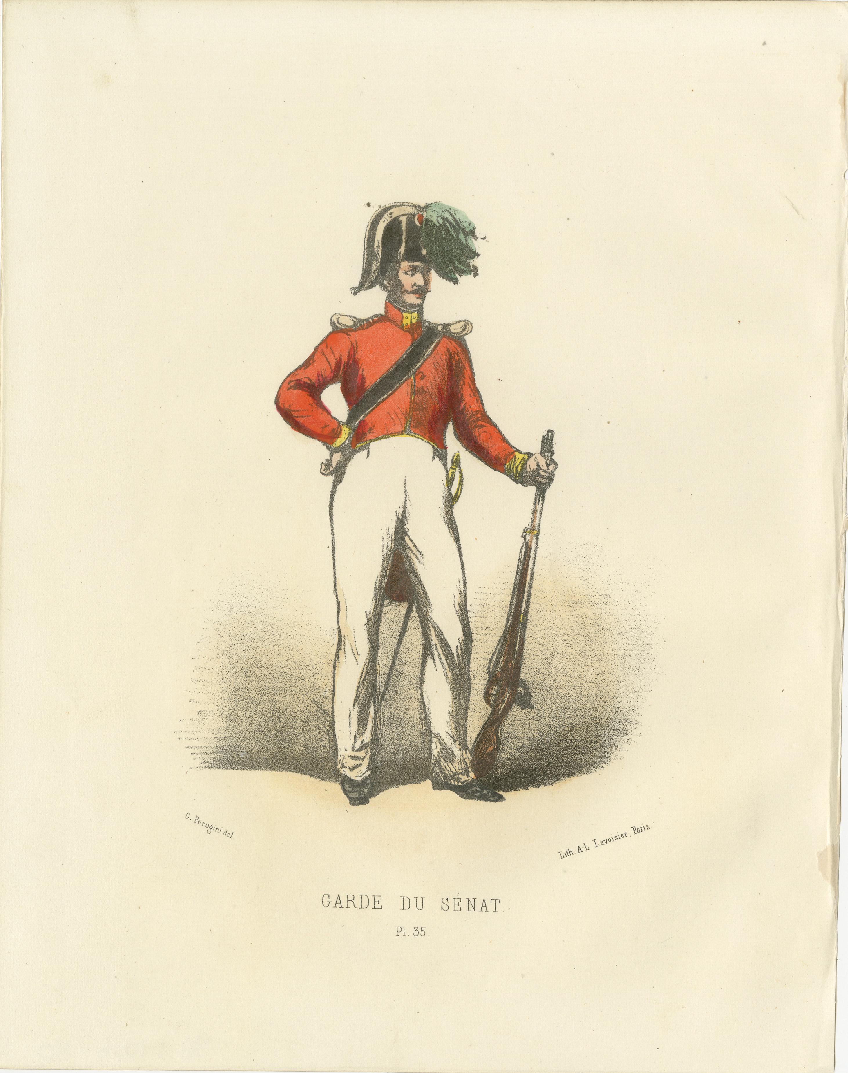 Resolute Protector: Handkolorierter Druck einer Senatsgarnitur, Tafel 35, 1862  

Diese beeindruckende handkolorierte Lithographie, Resolute Protector, ist Tafel 35 aus der zweiten Ausgabe von Album ou Collection Complète, et Historique des Costumes