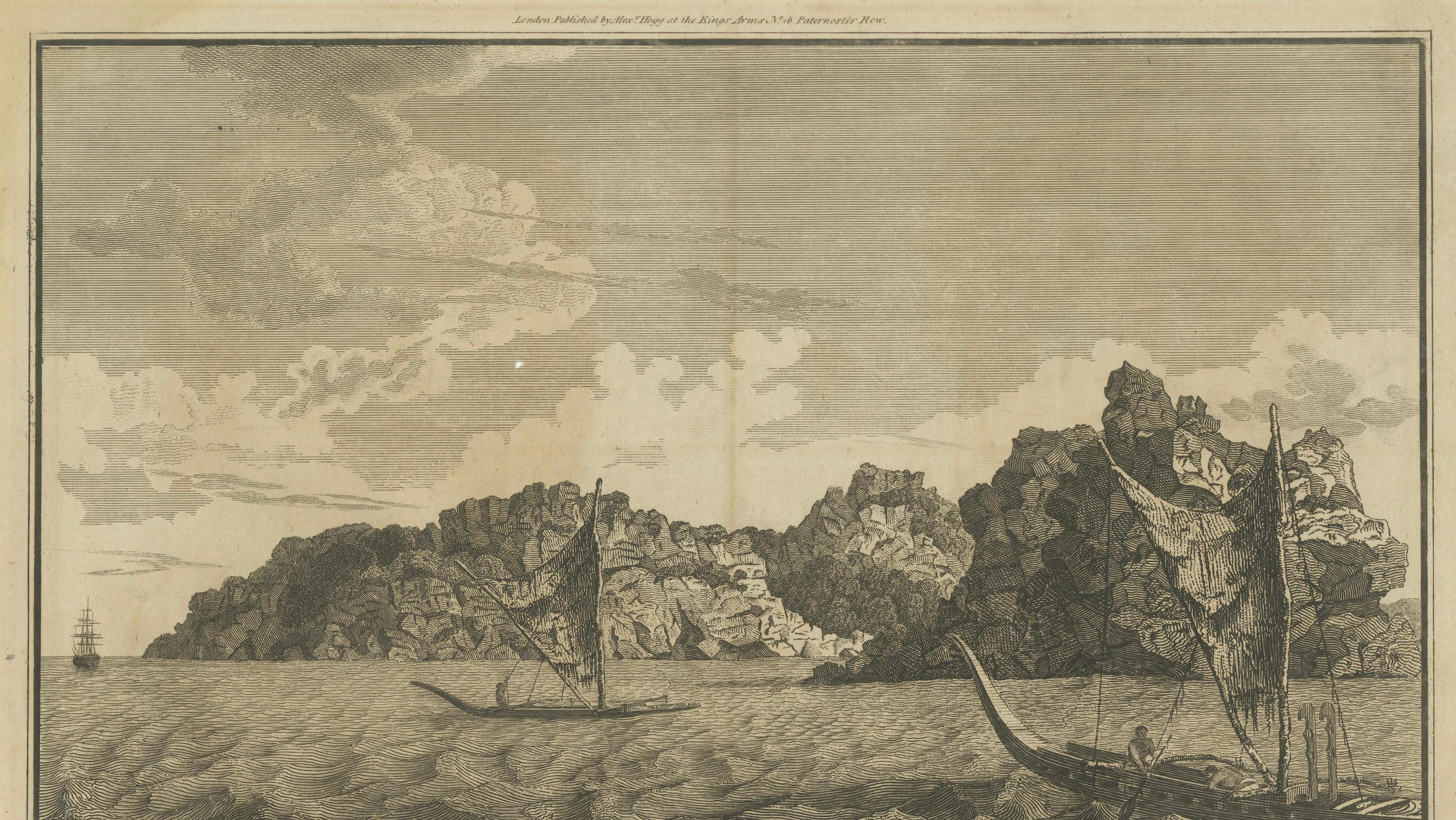 Resolution Bay in the Marquesas: Indigene Kanus und europäische Erkundung (Graviert) im Angebot