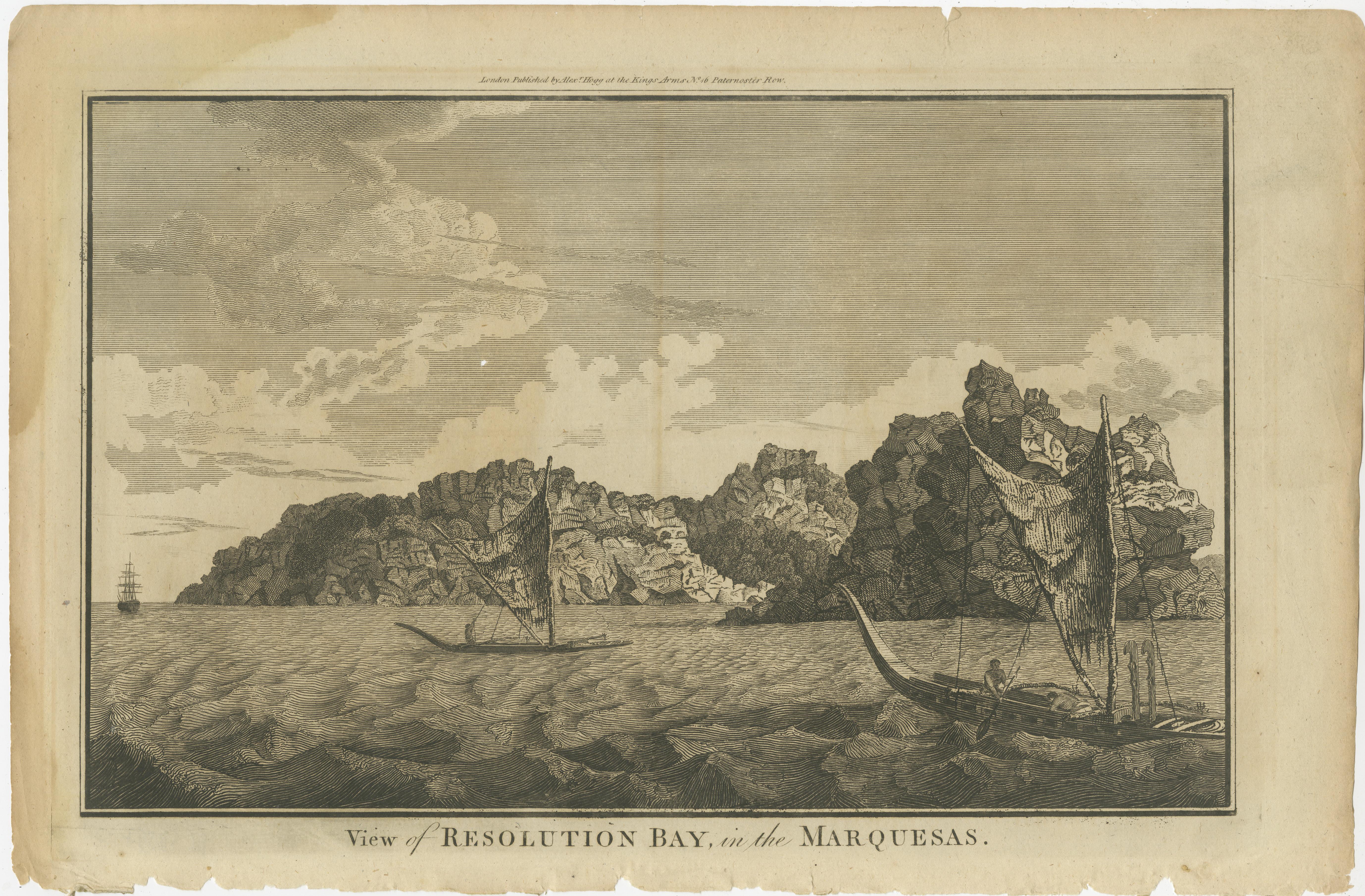 Resolution Bay in the Marquesas: Indigene Kanus und europäische Erkundung im Angebot 1