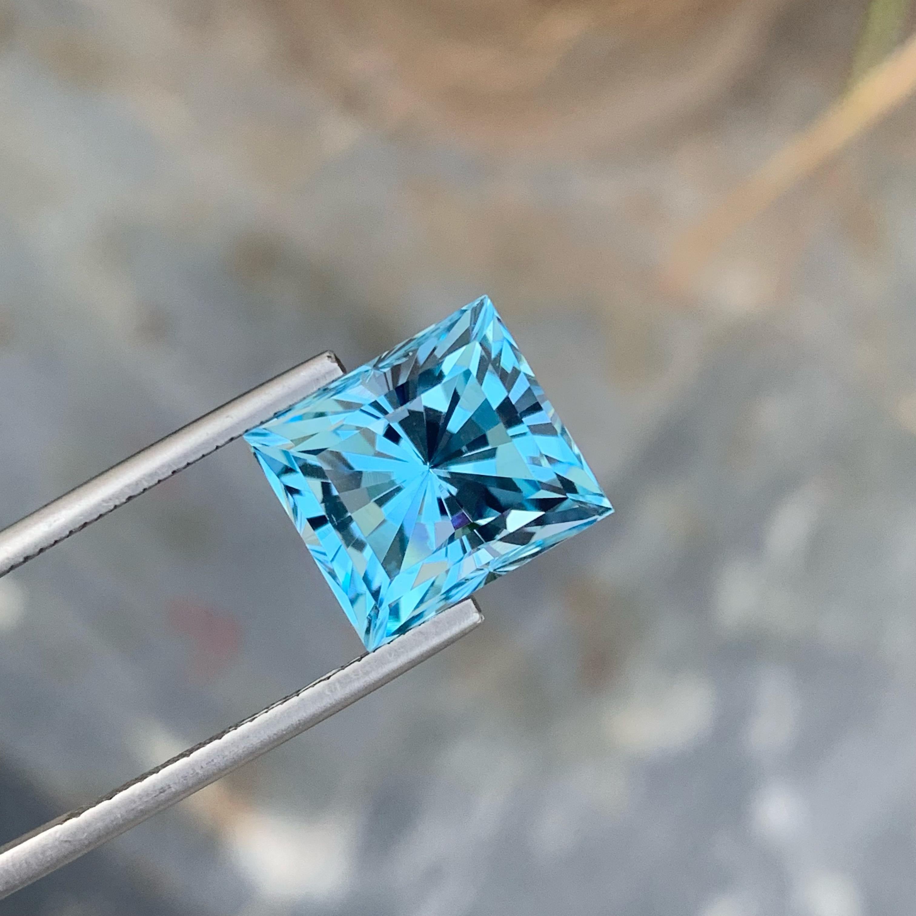Square Cut Resonant Blue Topaz 12.15 Carats Custom Precision Cut Natural Madagascar's Gem For Sale