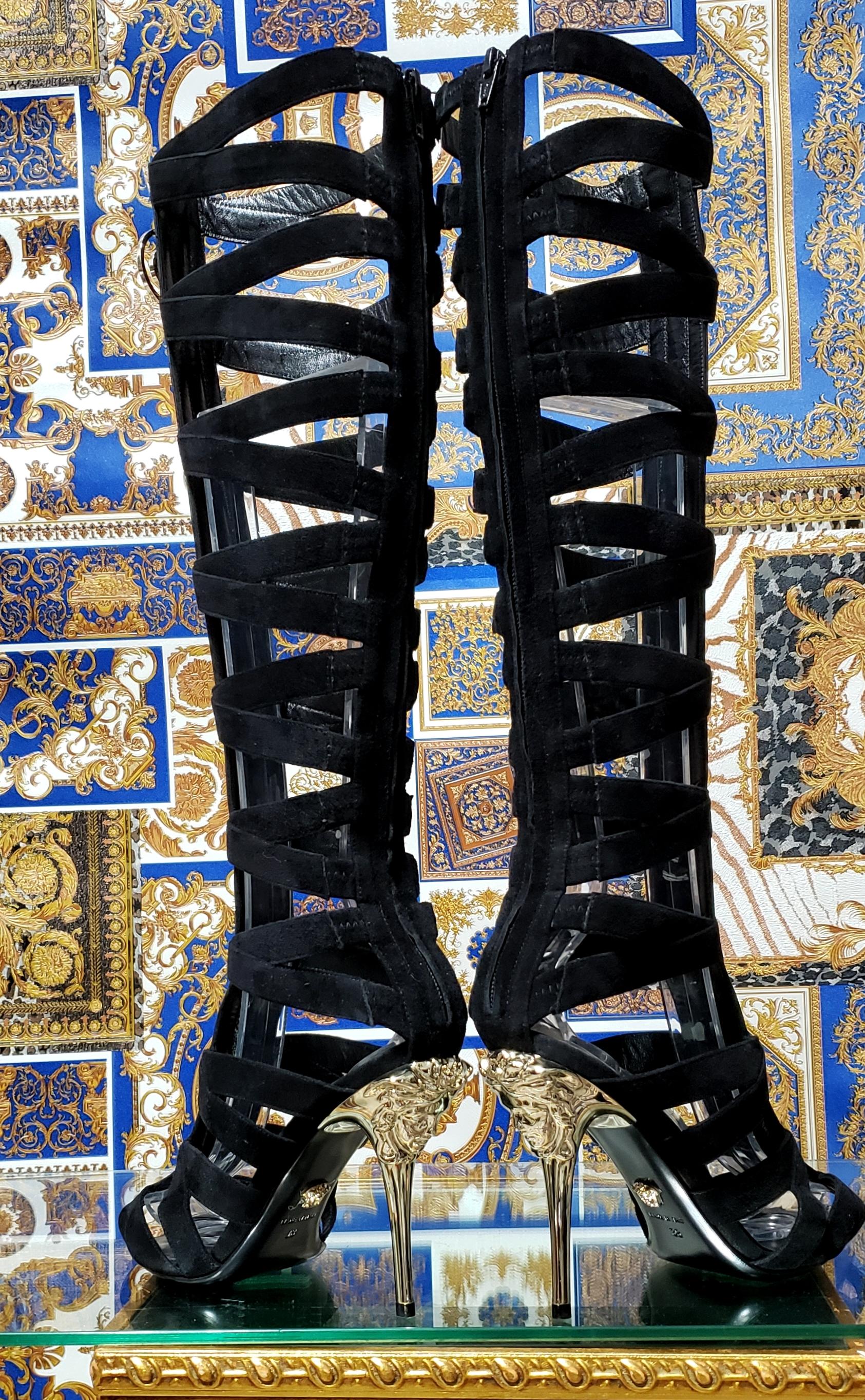Black Resort/15 Look # 10 VERSACE BLACK SUEDE SANDAL GLADIATOR BOOTS with MEDUSA 38-8