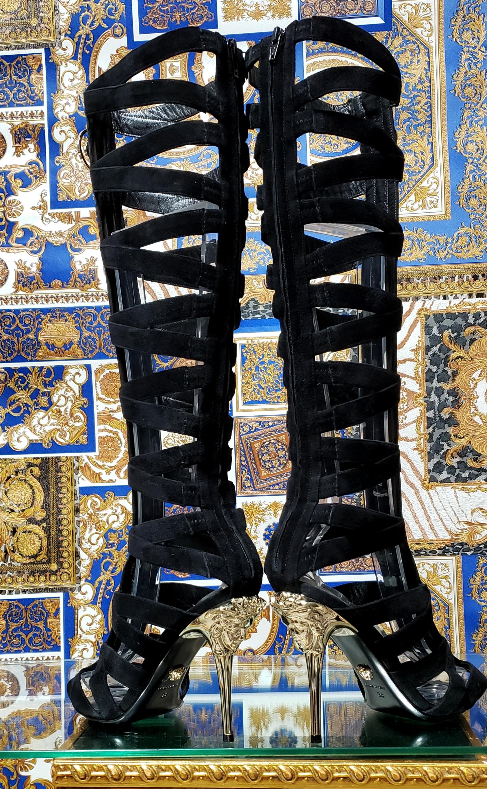 Black Resort/15 Look # 10 VERSACE BLACK SUEDE SANDAL GLADIATOR BOOTS with MEDUSA 38-8