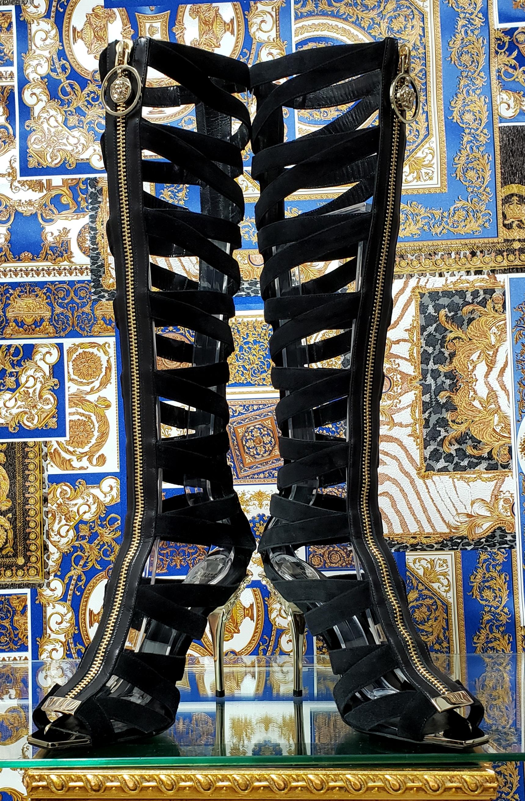 Resort/15 Look # 10 VERSACE BLACK SUEDE SANDAL GLADIATOR BOOTS with MEDUSA 38-8 In New Condition In Montgomery, TX