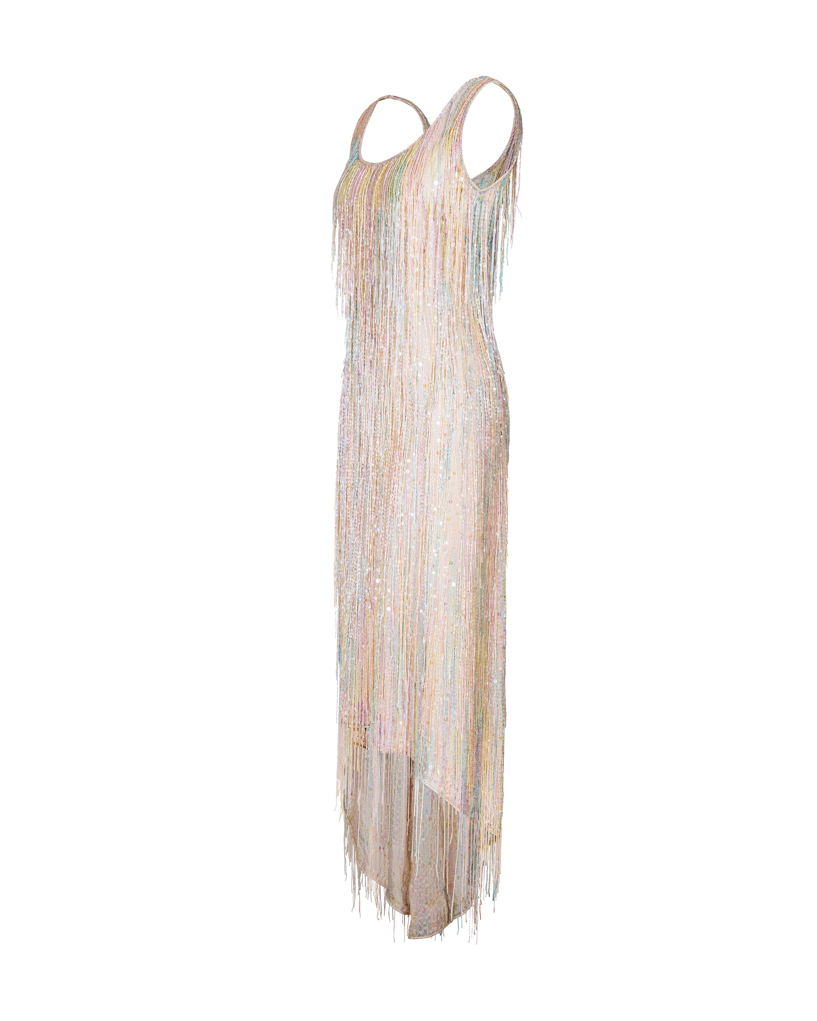 Resort 1982 Halston Rainbow Hand-Beaded Fringe High-Low Gown In Good Condition In North Hollywood, CA