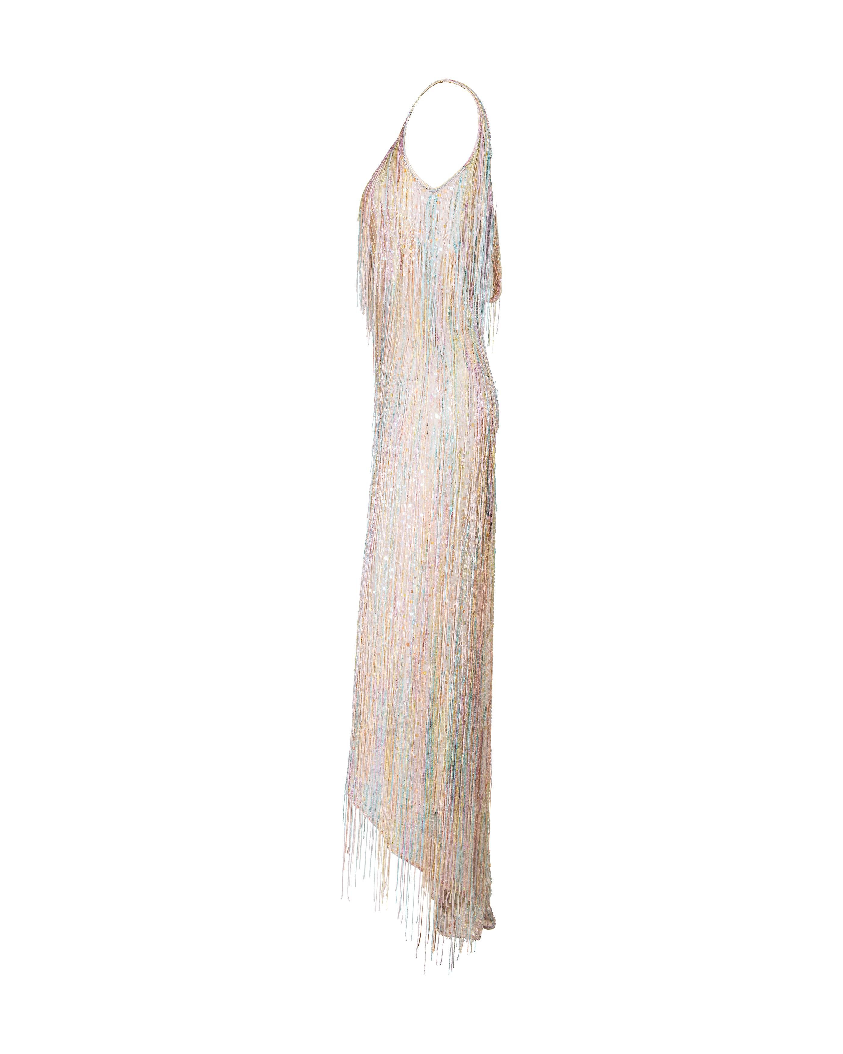 Women's or Men's Resort 1982 Halston Rainbow Hand-Beaded Fringe High-Low Gown