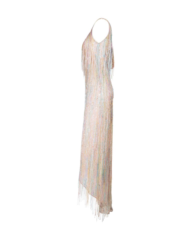 Resort 1982 Halston Rainbow Hand-Beaded Fringe High-Low Gown at 1stDibs