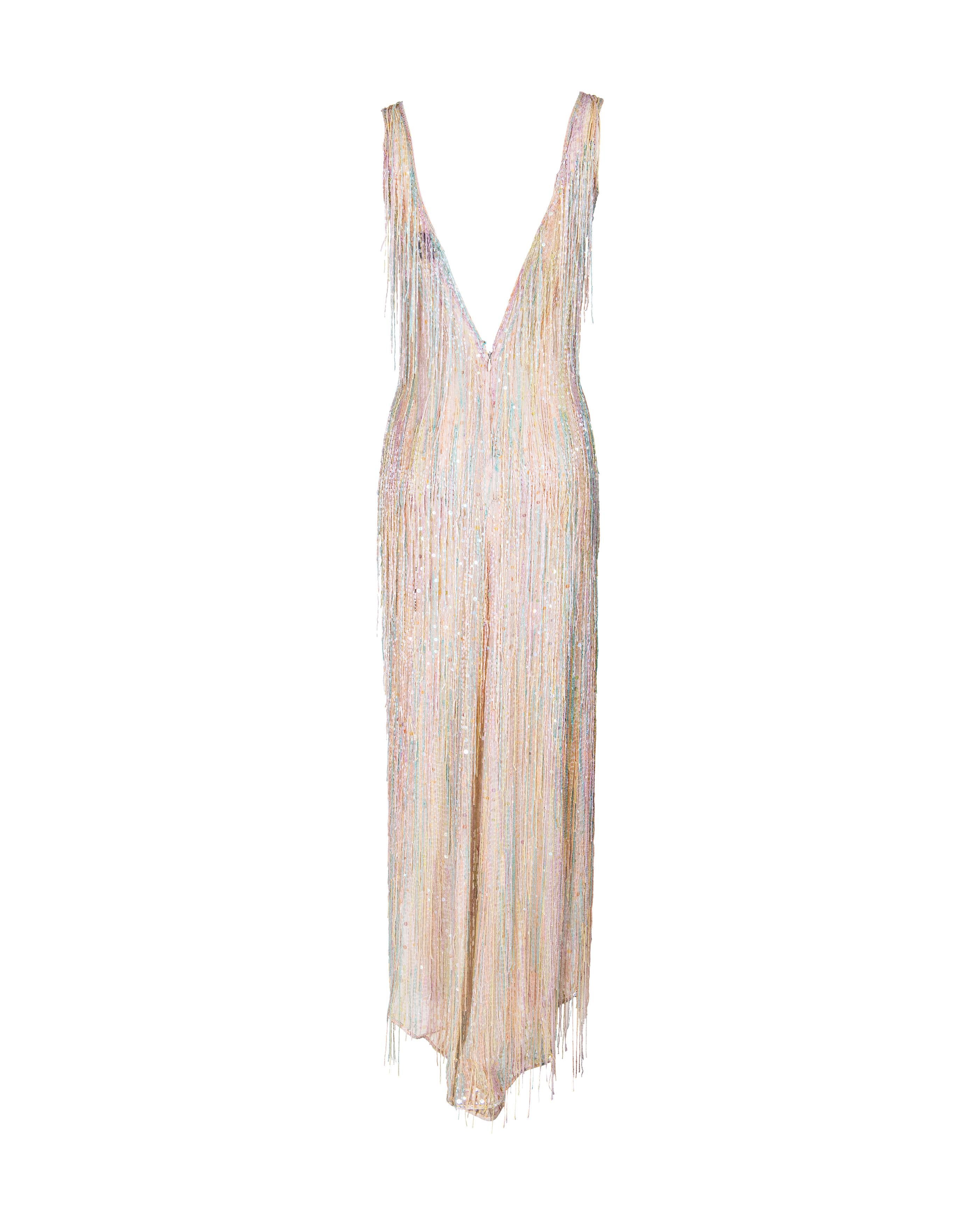 Resort 1982 Halston Rainbow Hand-Beaded Fringe High-Low Gown 1