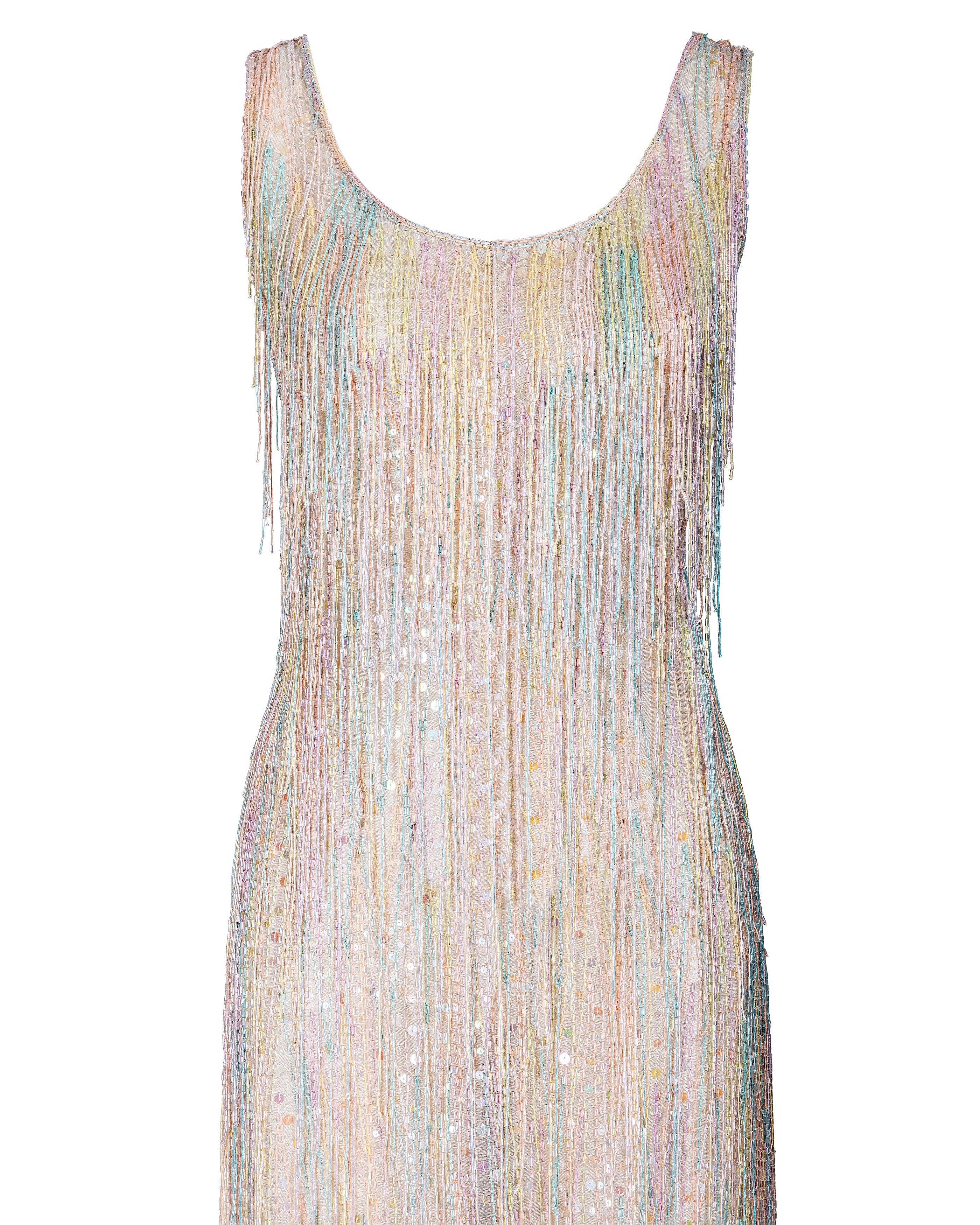 Resort 1982 Halston Rainbow Hand-Beaded Fringe High-Low Gown 3