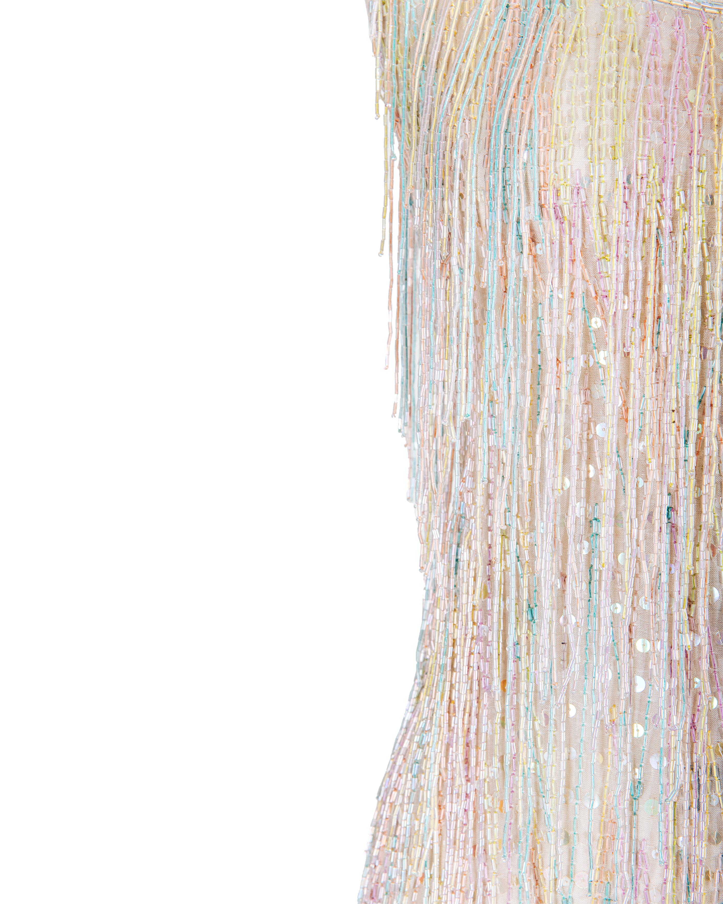 Resort 1982 Halston Rainbow Hand-Beaded Fringe High-Low Gown 4