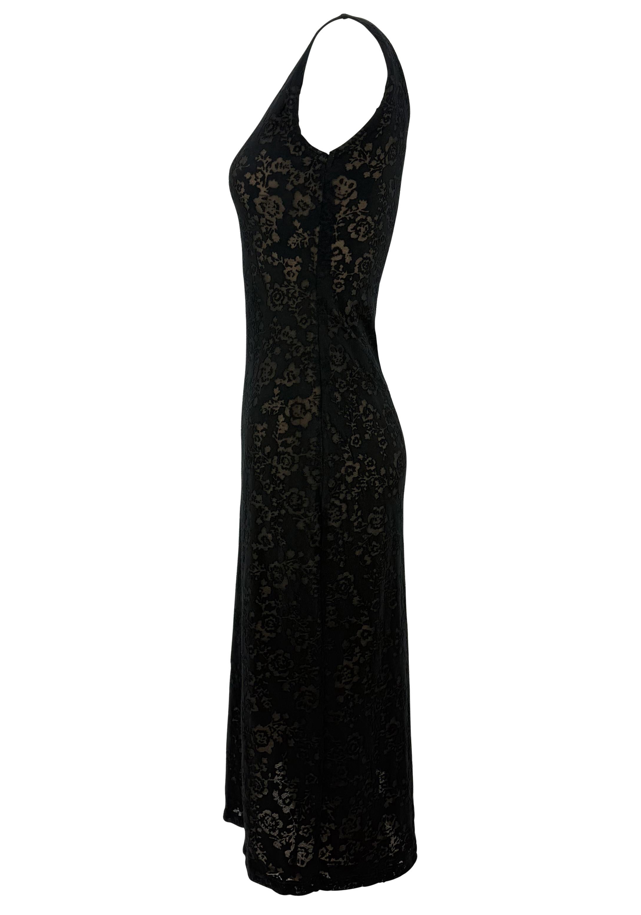 Resort 1990 Donna Karan Prototyp Schwarzes durchsichtiges Devoré-Bodycon-Kleid mit Blumenmuster Damen im Angebot