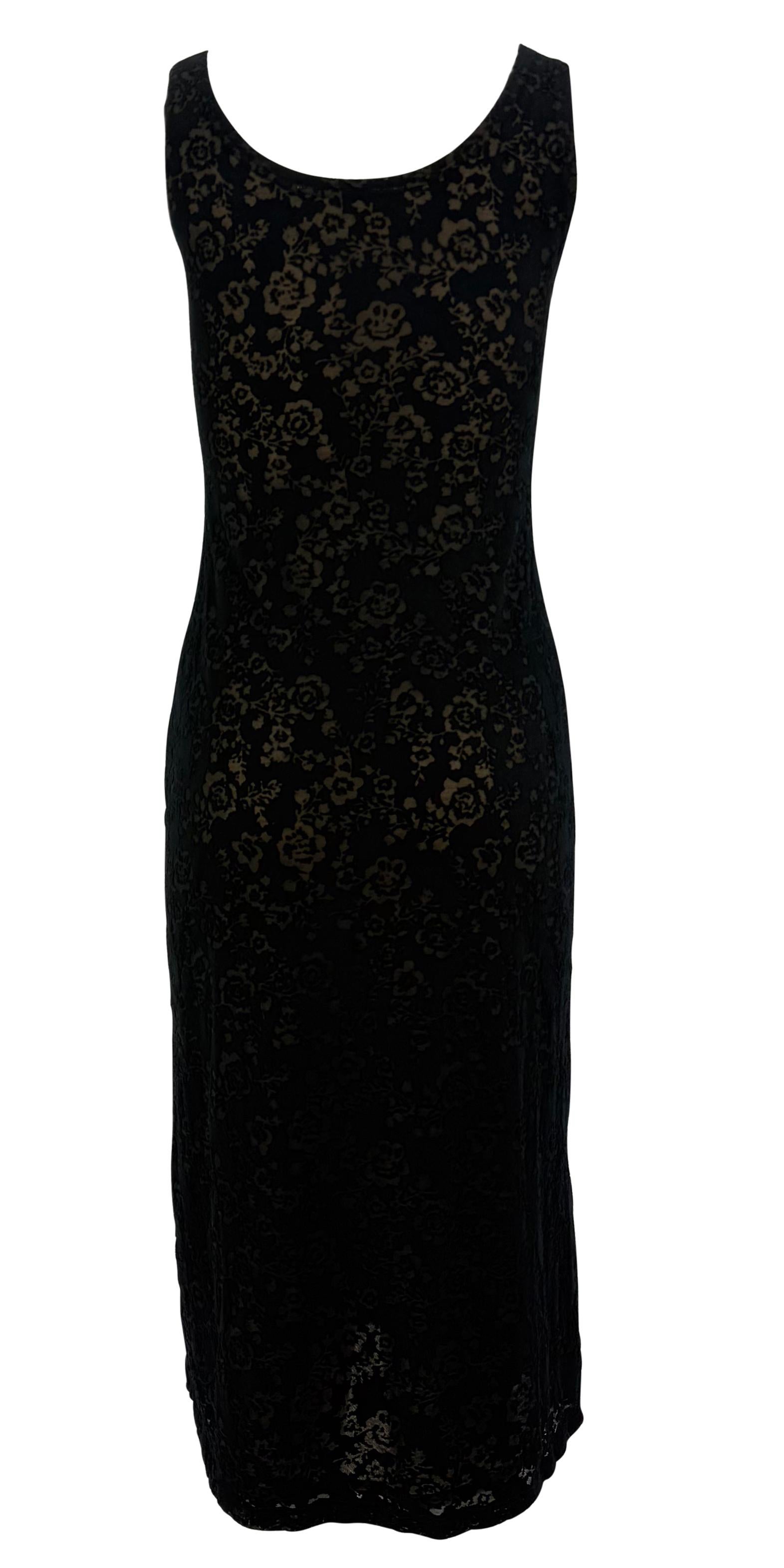 Resort 1990 Donna Karan Prototyp Schwarzes durchsichtiges Devoré-Bodycon-Kleid mit Blumenmuster im Angebot 1