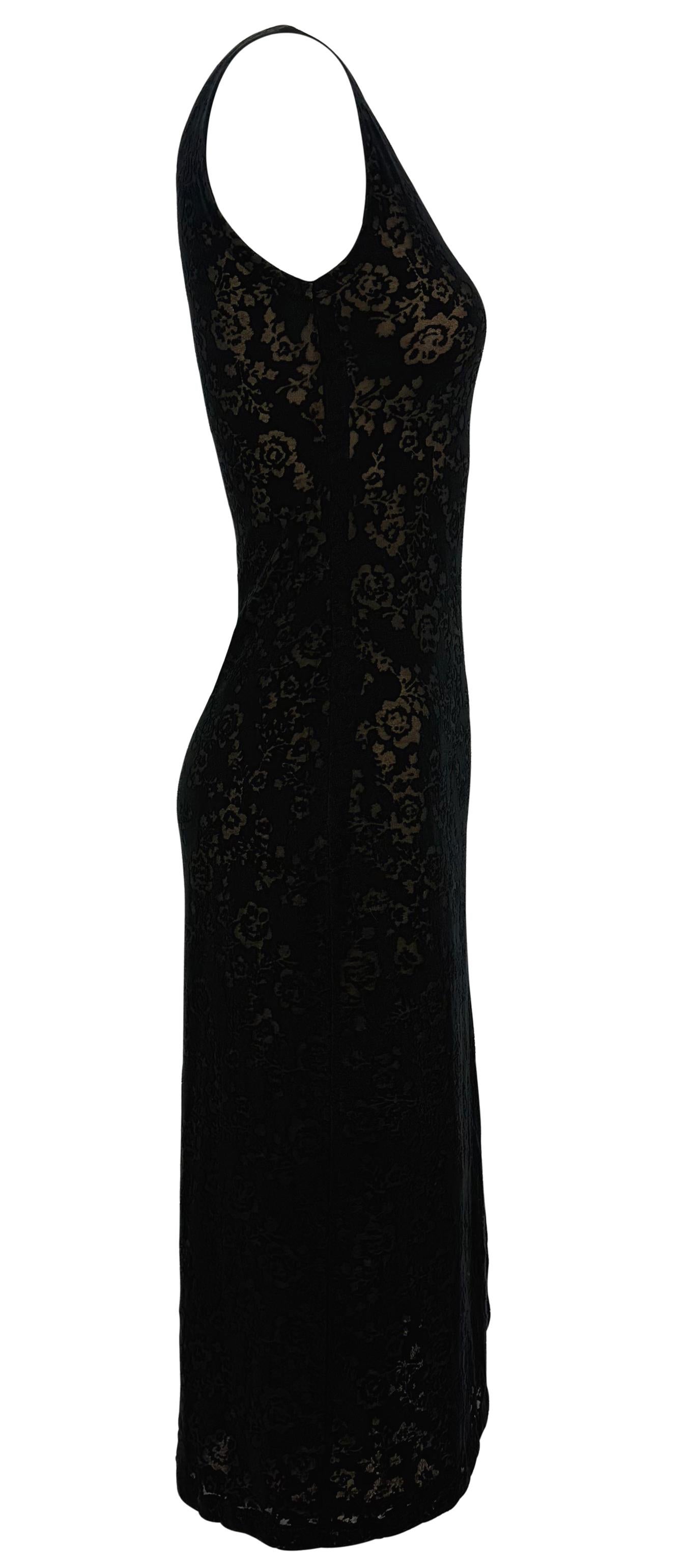 Resort 1990 Donna Karan Prototyp Schwarzes durchsichtiges Devoré-Bodycon-Kleid mit Blumenmuster im Angebot 2