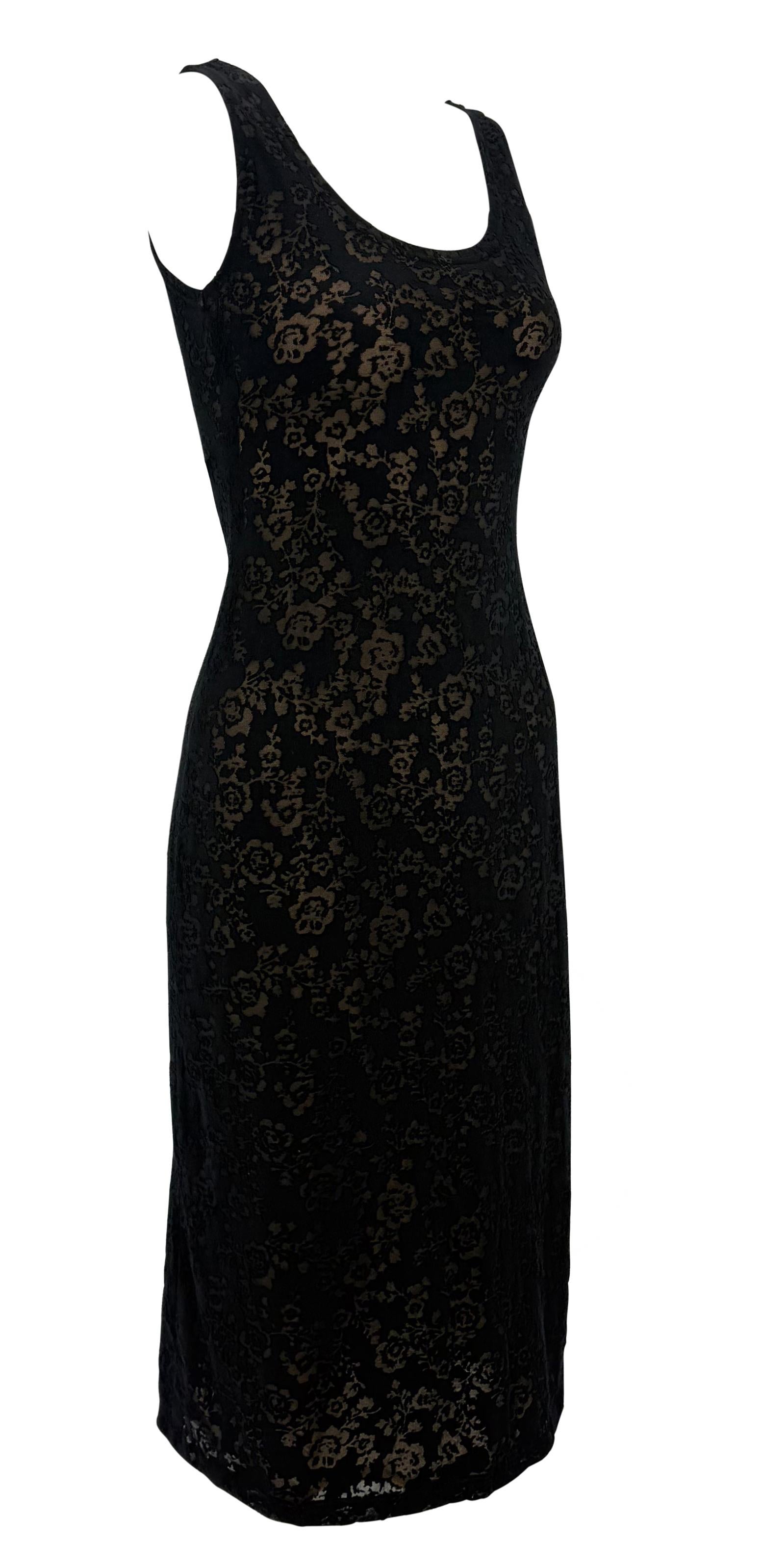 Resort 1990 Donna Karan Prototyp Schwarzes durchsichtiges Devoré-Bodycon-Kleid mit Blumenmuster im Angebot 3