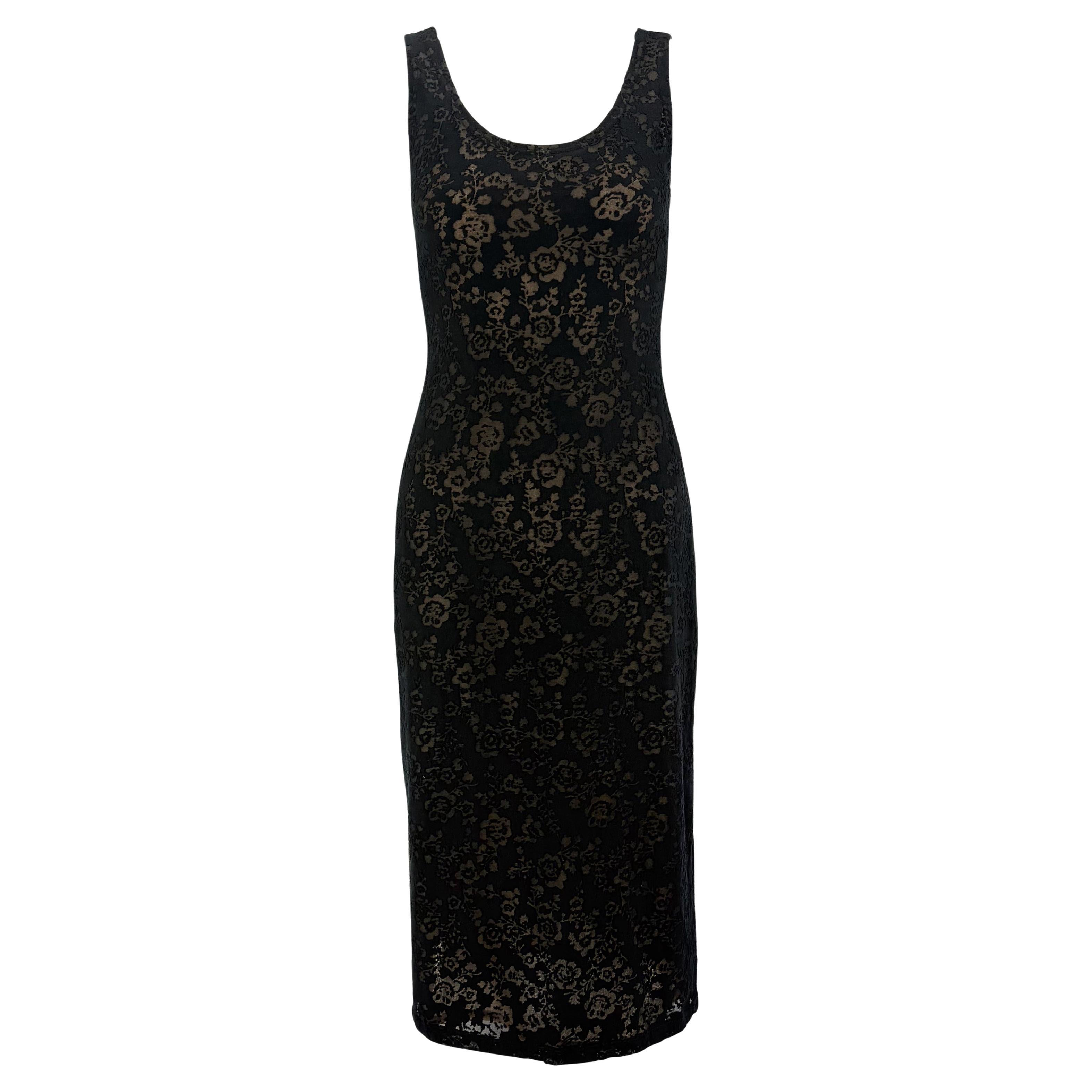 Resort 1990 Donna Karan Prototype Sheer Black Floral Devoré Bodycon Dress