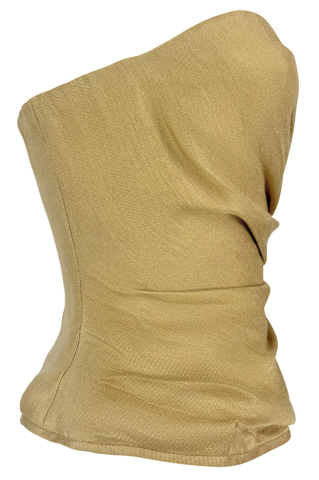 Resort 1992 Donna Karan Runway Gold Linen Lurex Metallic Strapless Bustier Top For Sale 1
