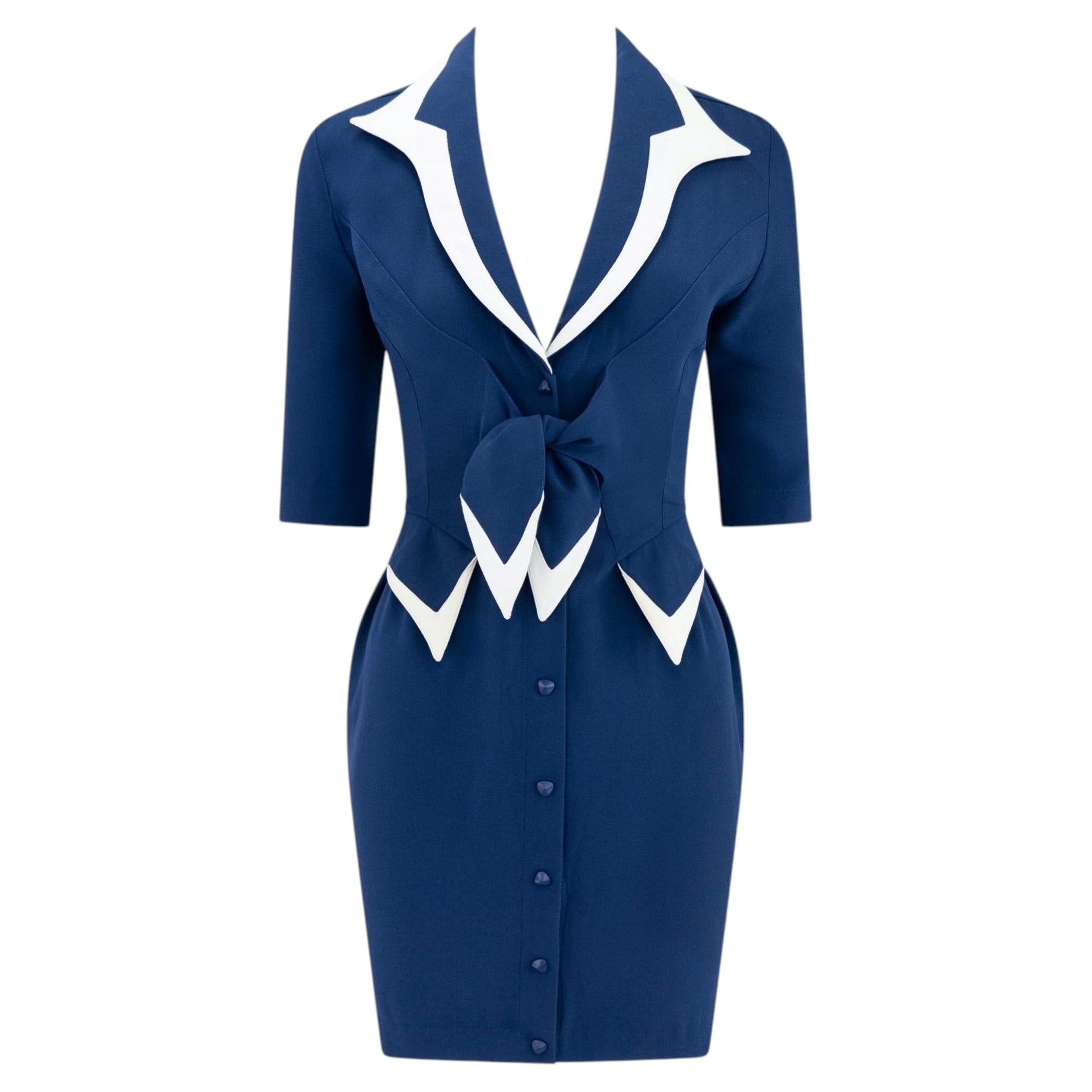 Resort 1993 Thierry Mugler Runway Navy Blue Tie-Front White Trim Dress